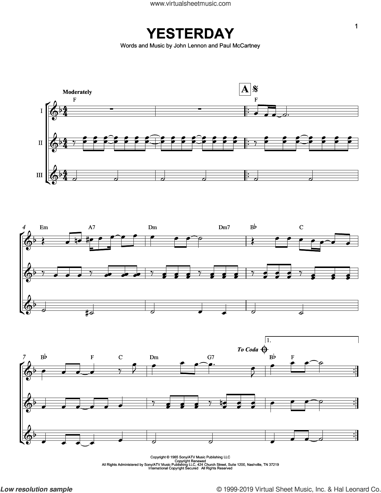 Yesterday sheet music for ukulele ensemble (PDF)