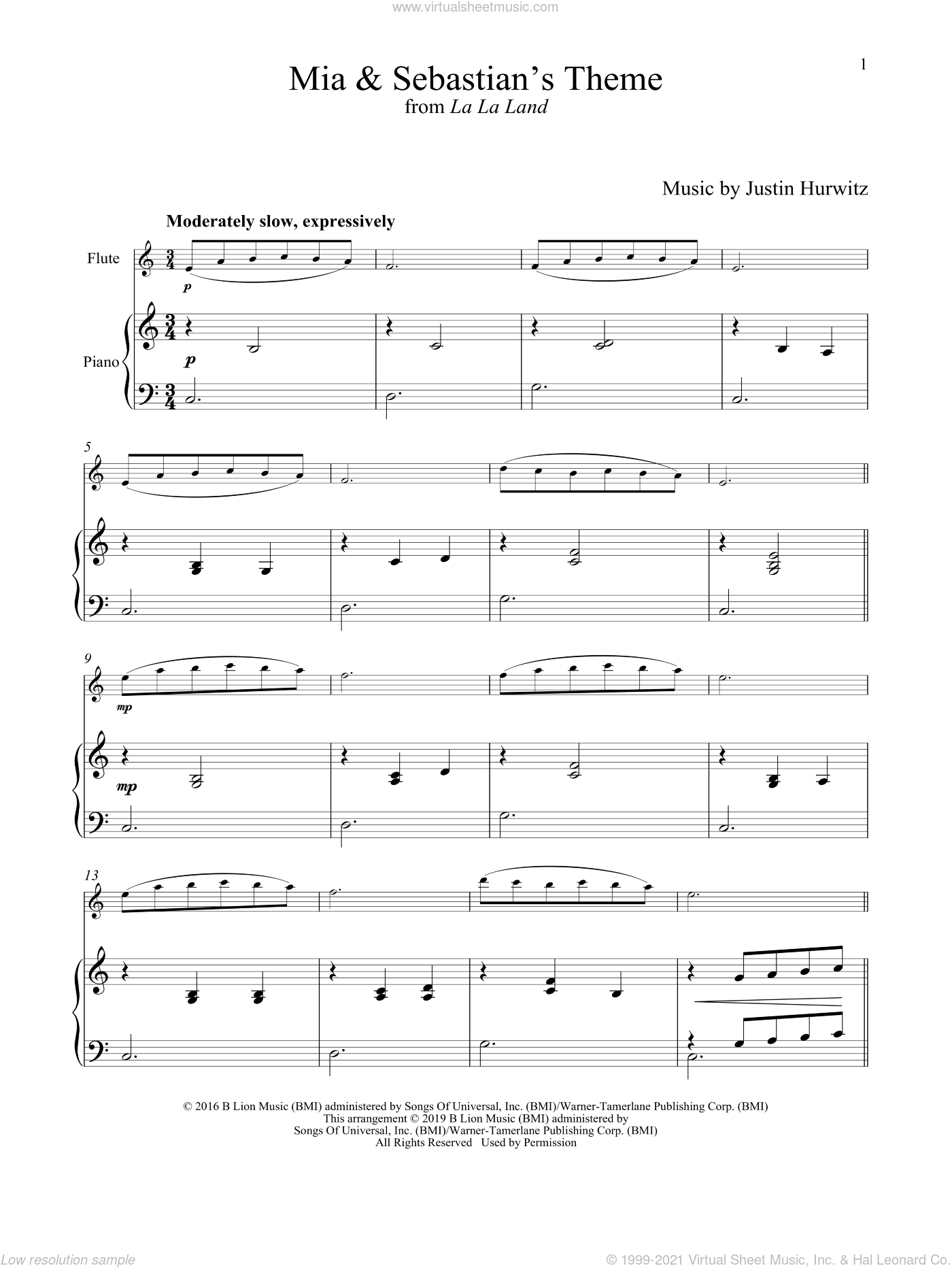 Mia and Sebastian's Theme (from La La Land) sheet music for flute and
