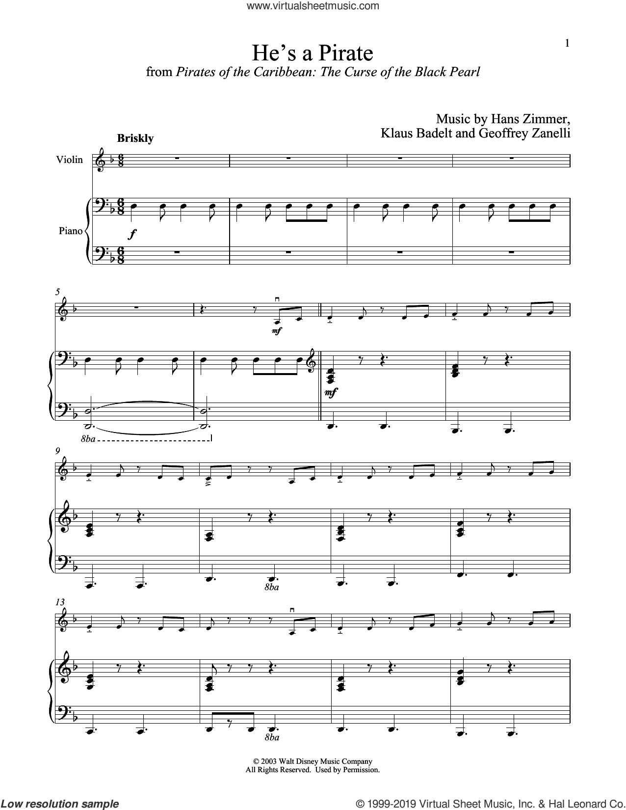 He's A Pirate Pirates Of Caribbean: The Curse of the Black Pearl) sheet music for violin and piano