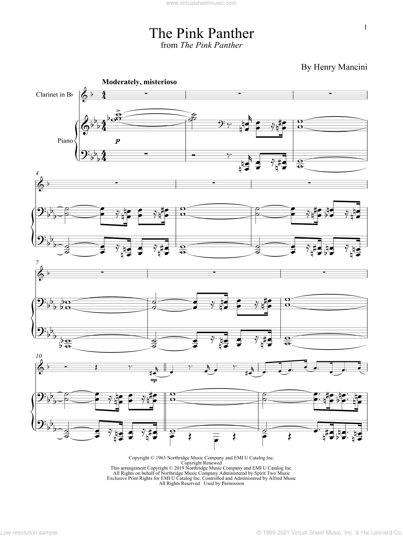 Download & Print The Pink Panther for clarinet and piano by Henry Manci...