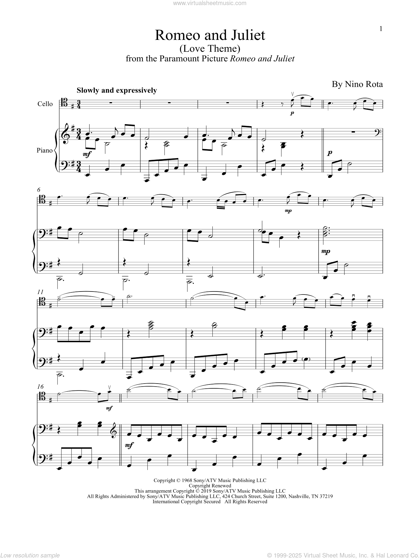 Romeo And Juliet (Love Theme) sheet music for cello and piano