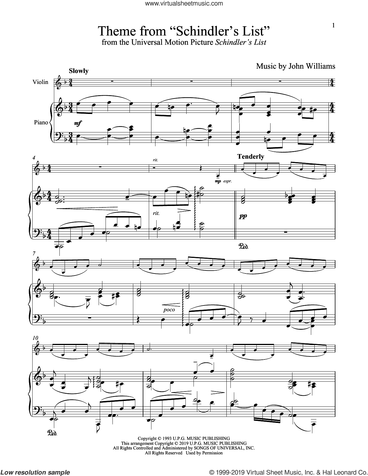 bilag mønt finger Theme From "Schindler's List" sheet music for violin and piano