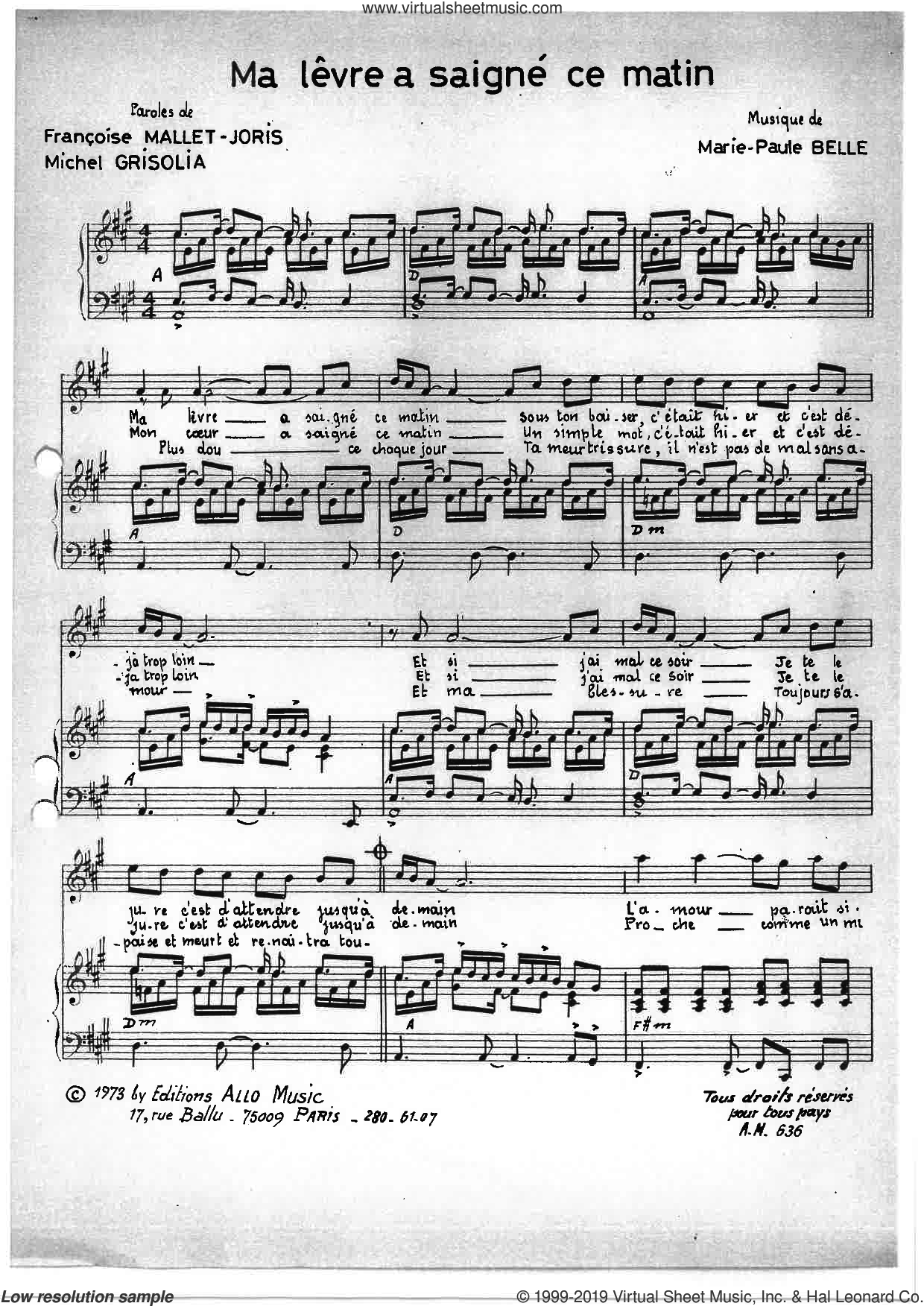 Ma Levre A Saigne Ce Matin sheet music for voice and piano (PDF)