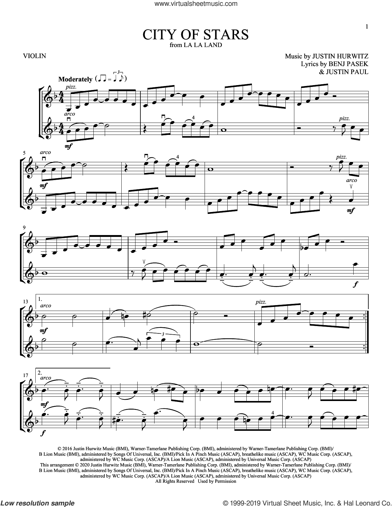 City of Stars (from La La Land) sheet music for violin solo (PDF)