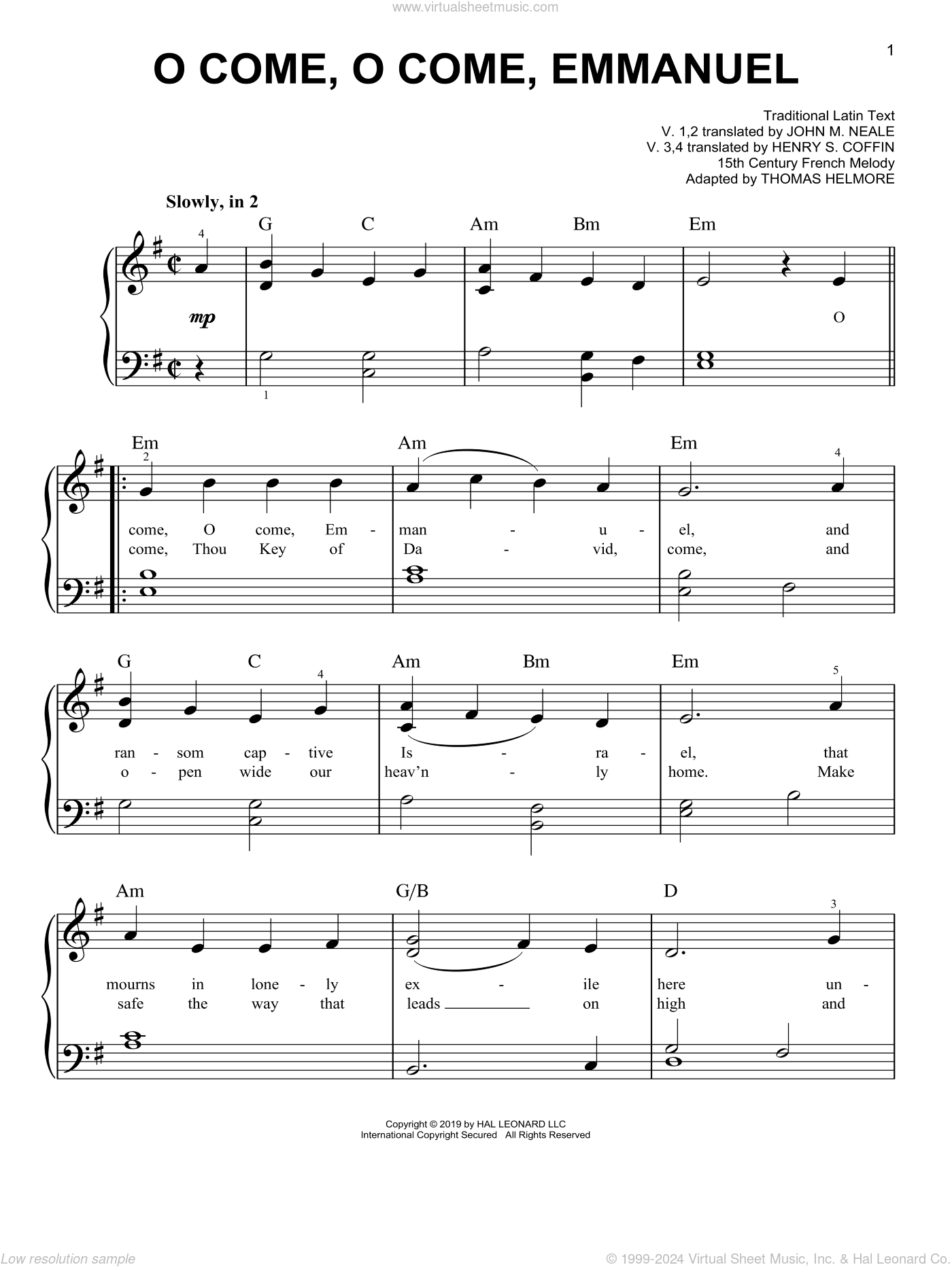 O Come, O Come, Emmanuel sheet music (easy) for piano solo (PDF), image size:1400x1864