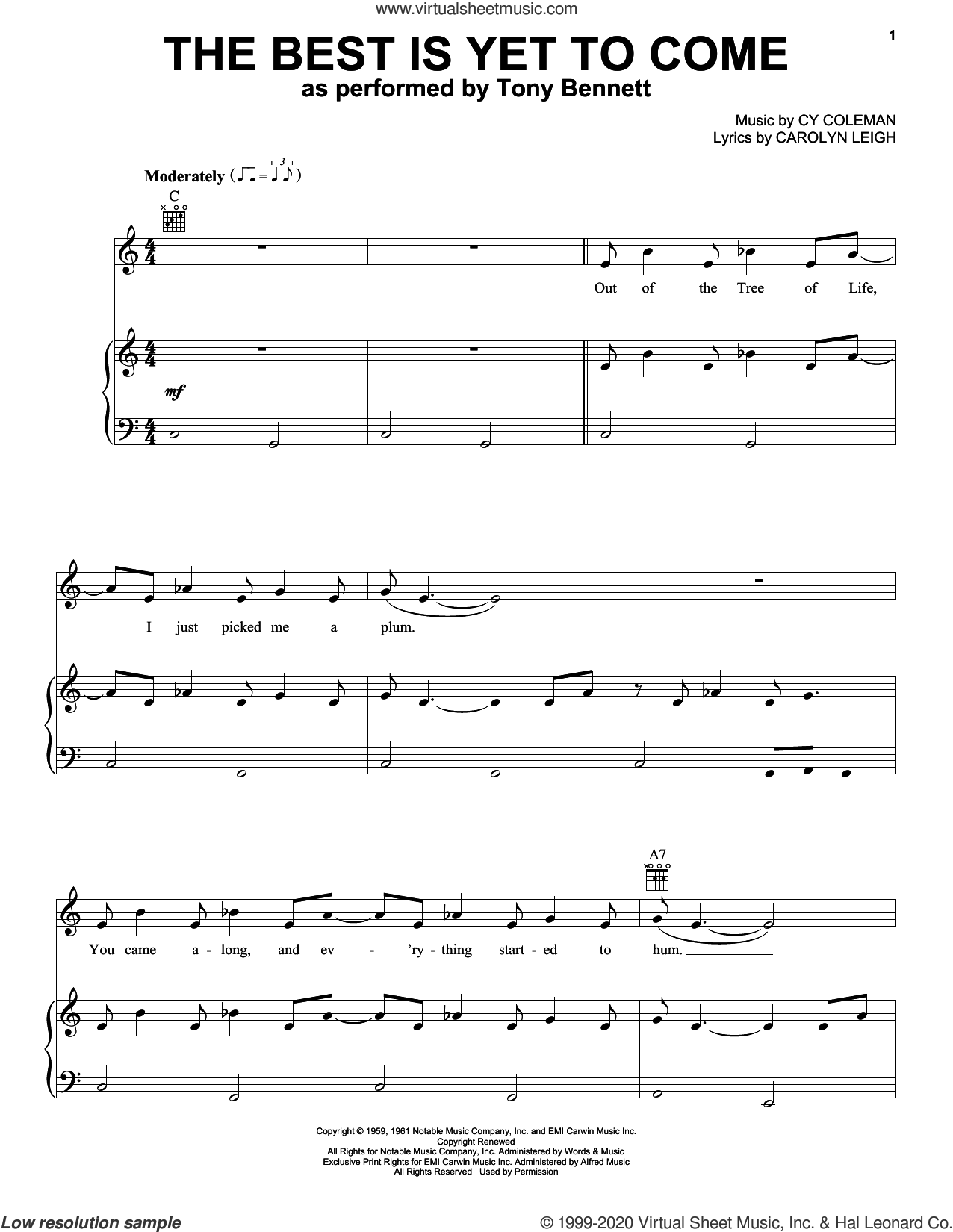 Tony The Best Is Yet To Come sheet music for voice, piano or