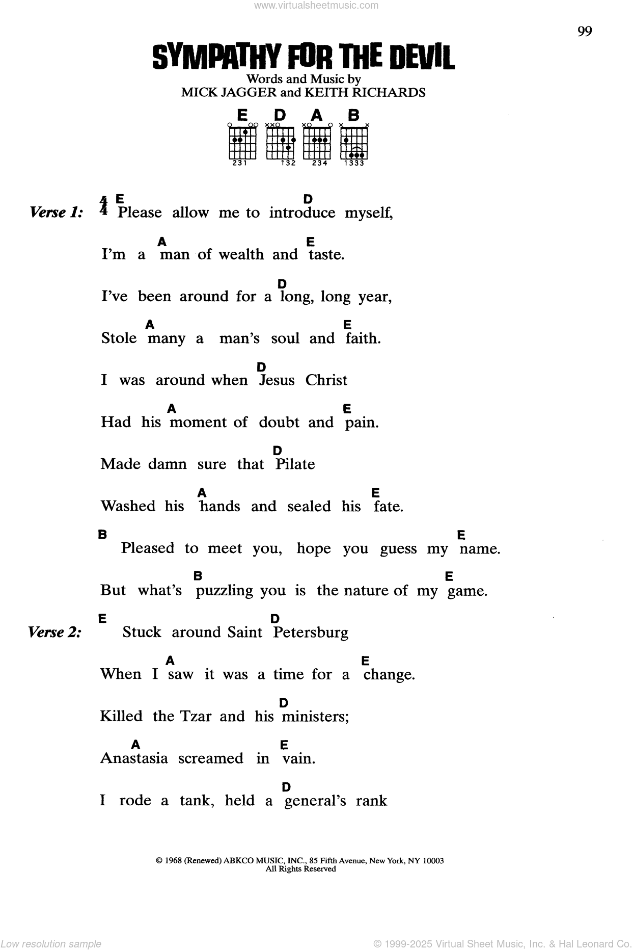 Sympathy For The Devil sheet music for guitar (chords) (PDF)