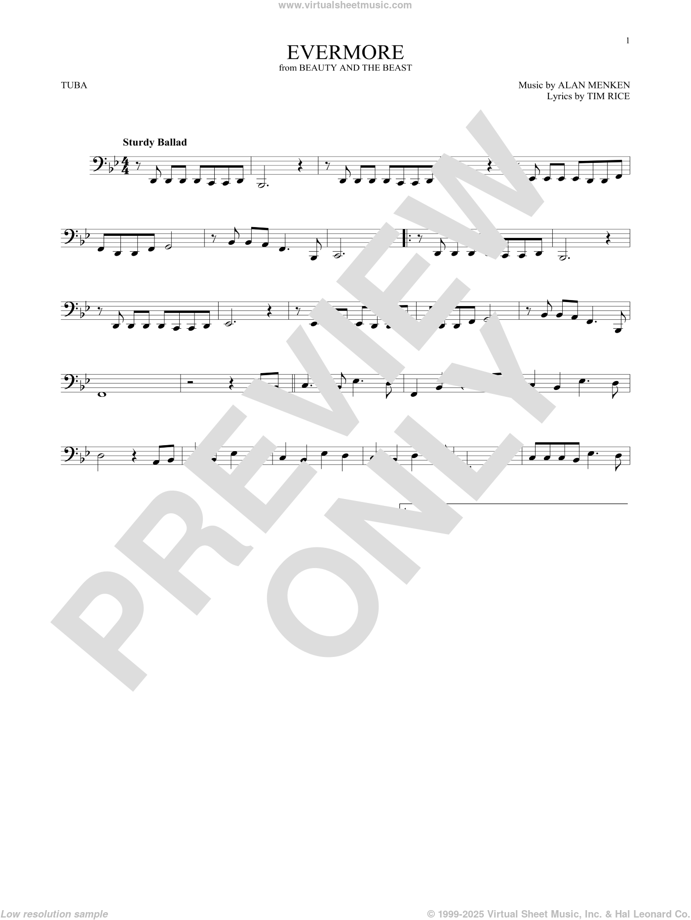 Evermore (from Beauty and The Beast) sheet music for Tuba Solo (tuba)