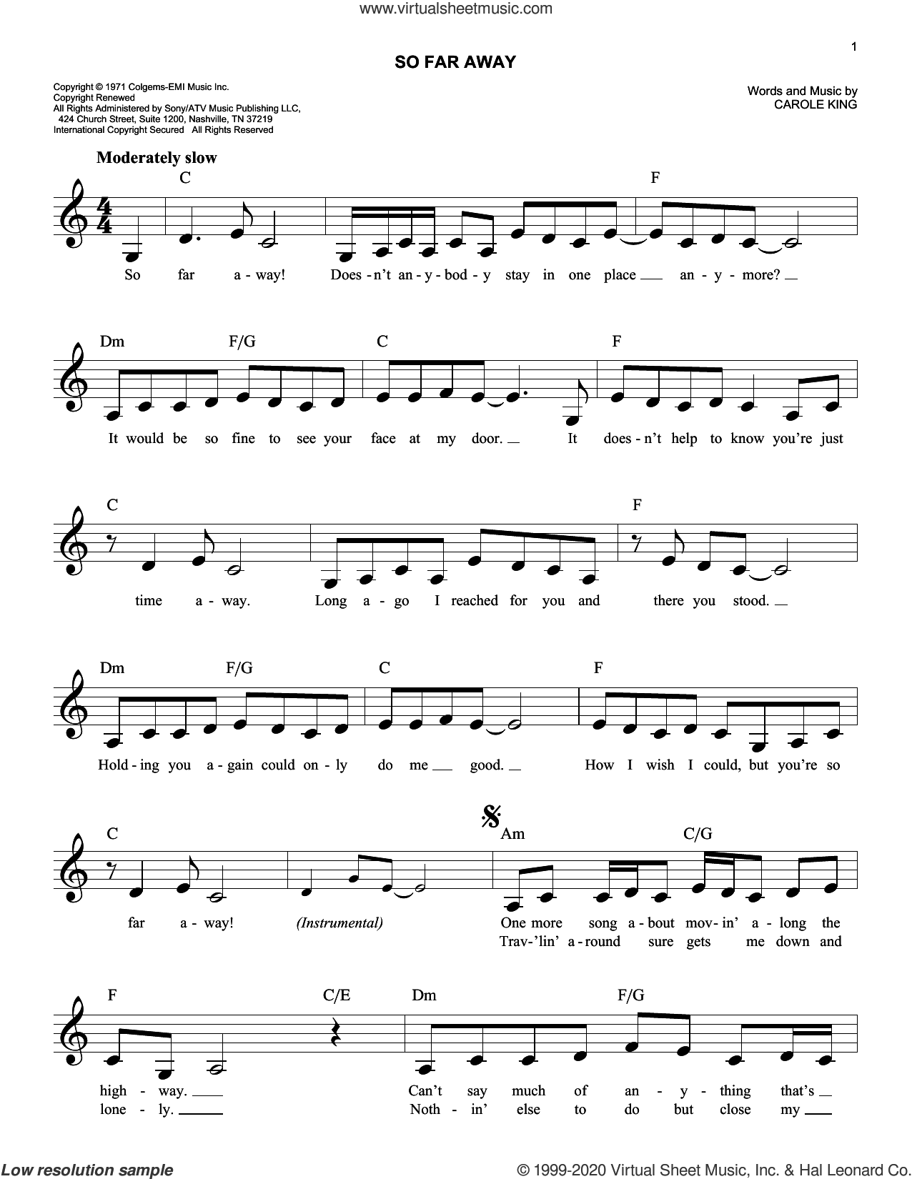 So Far Away sheet music fake book easy fake book PDF