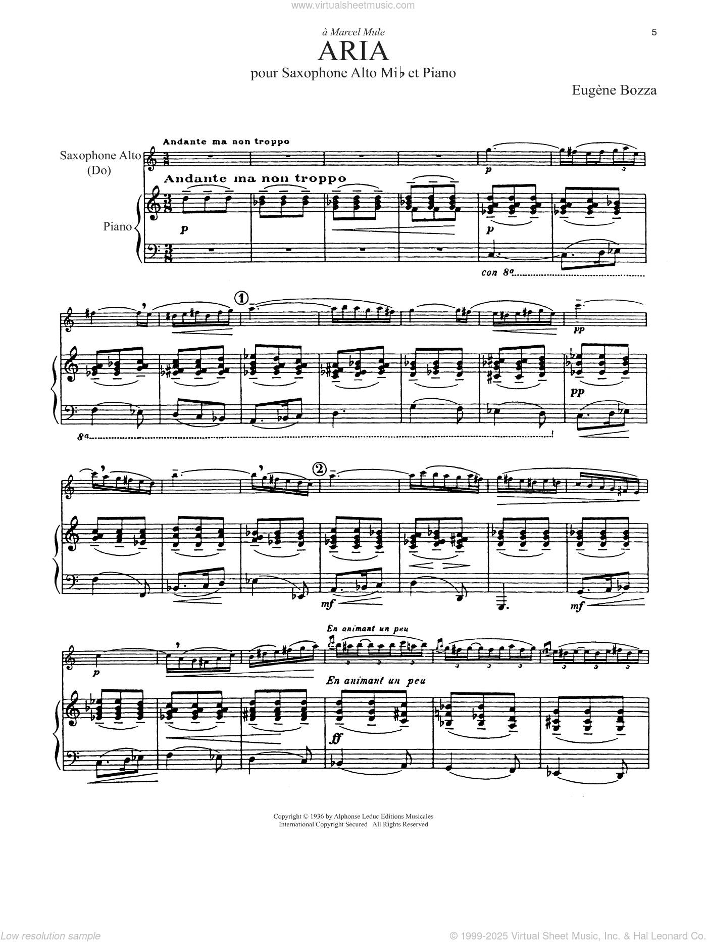 Bozza Aria sheet music for alto saxophone and piano [PDF]