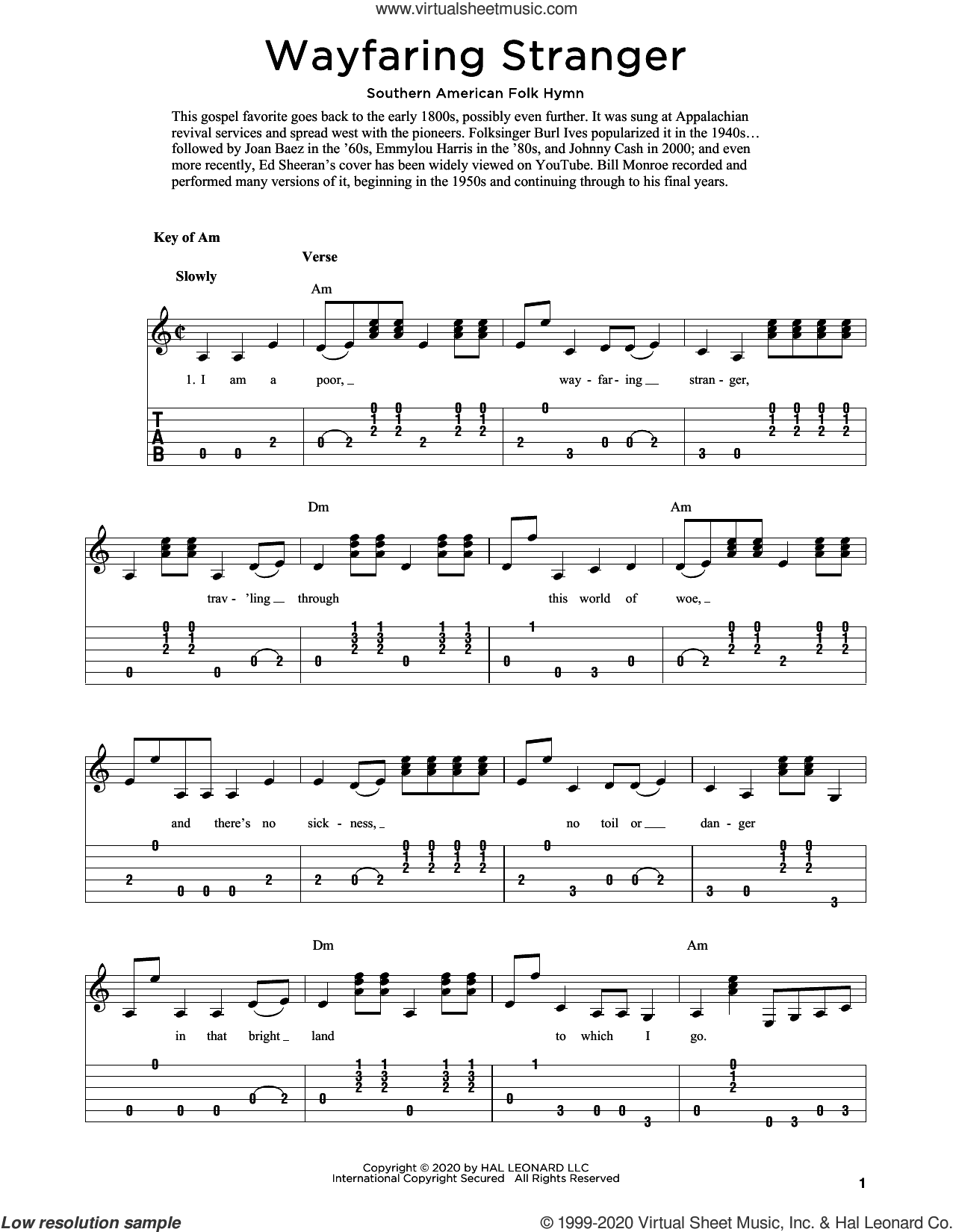 wayfaring stranger guitar sheet music