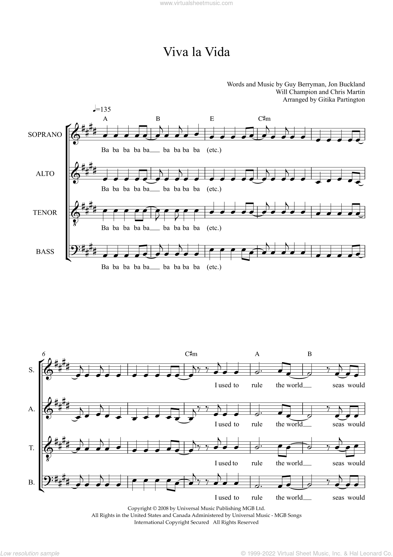 Coldplay - Viva La Vida (arr. Gitika Partington) sheet music for choir
