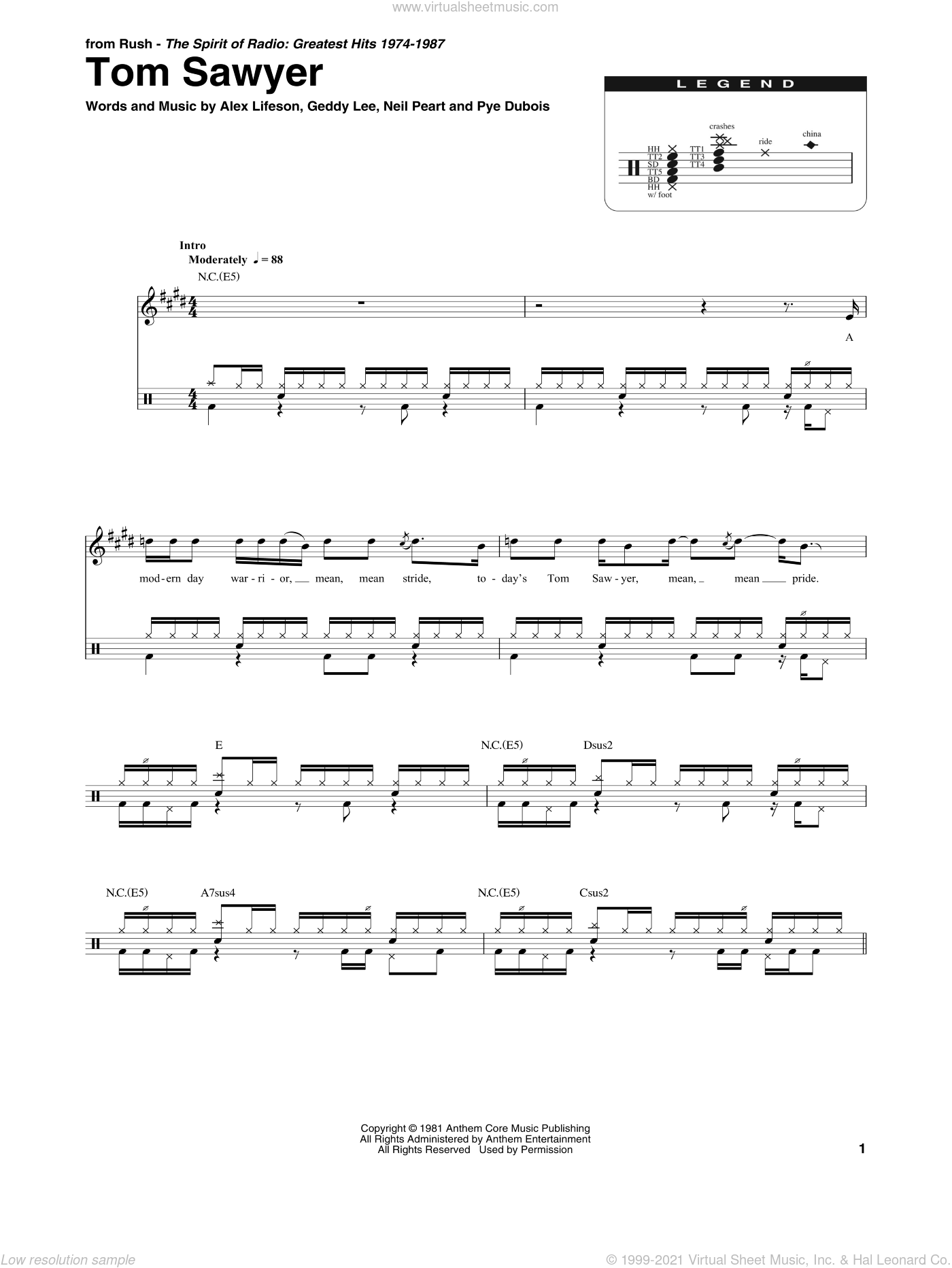 Rush - Tom Sawyer sheet music for drums [PDF]