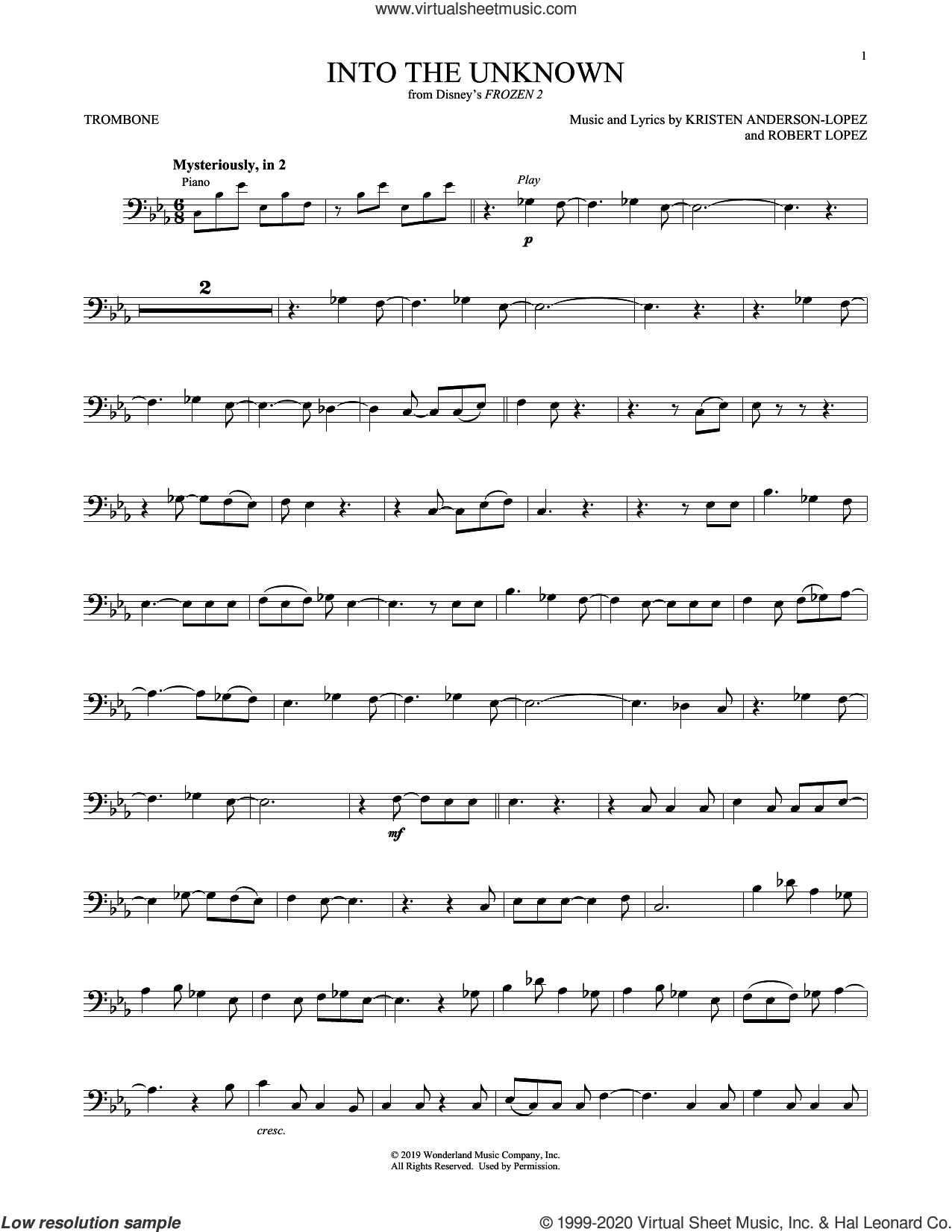 AURORA - The Unknown (from Disney's 2) sheet music for trombone solo