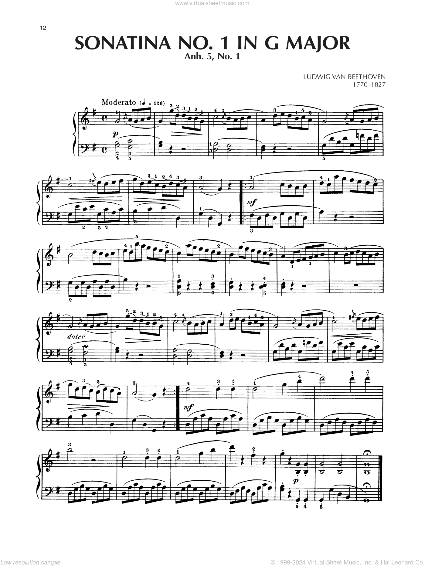 Beethoven - Sonatina In G Major, Anh. 5, No. 1 sheet music for piano solo