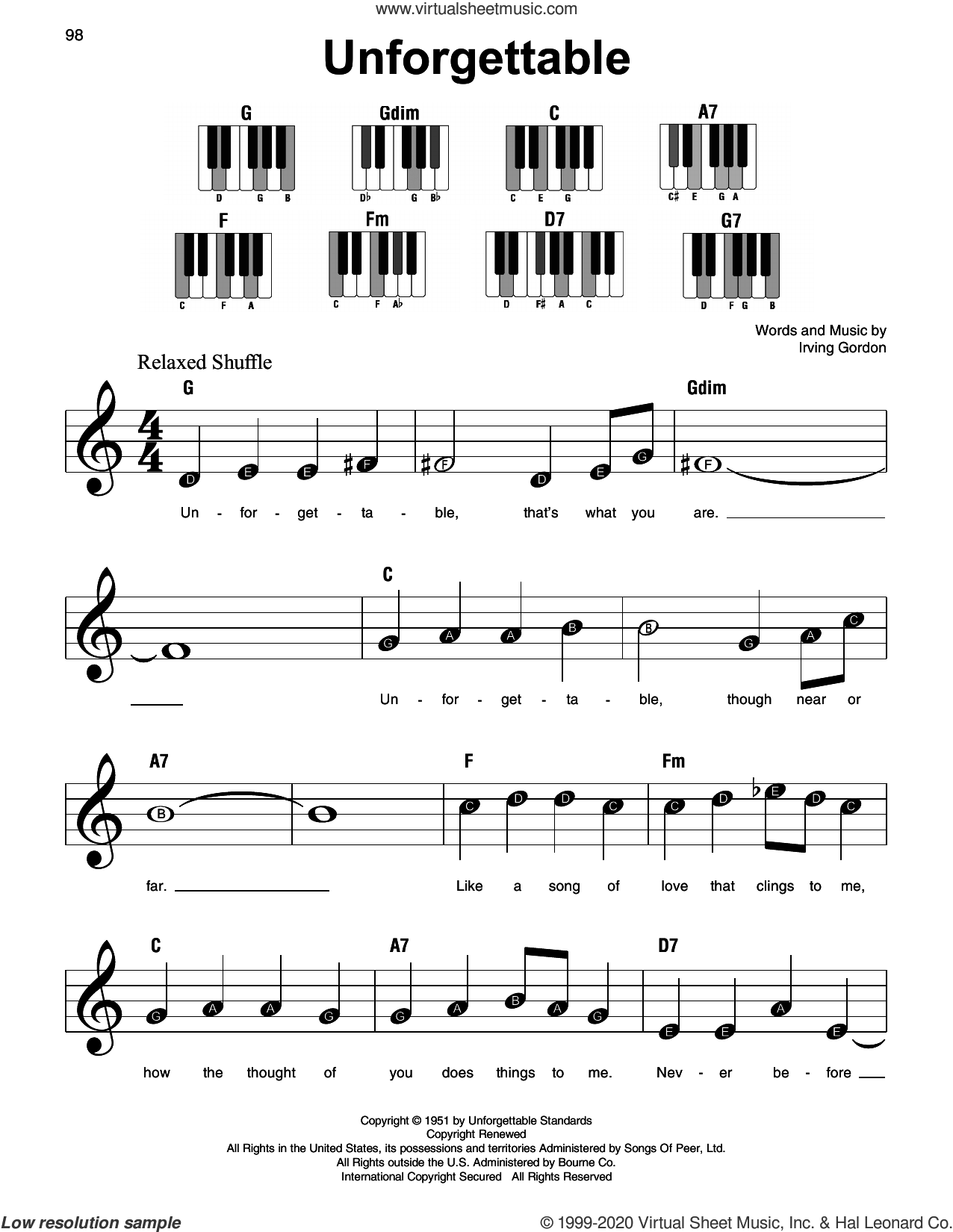 Unforgettable sheet music for piano solo (PDF) v2