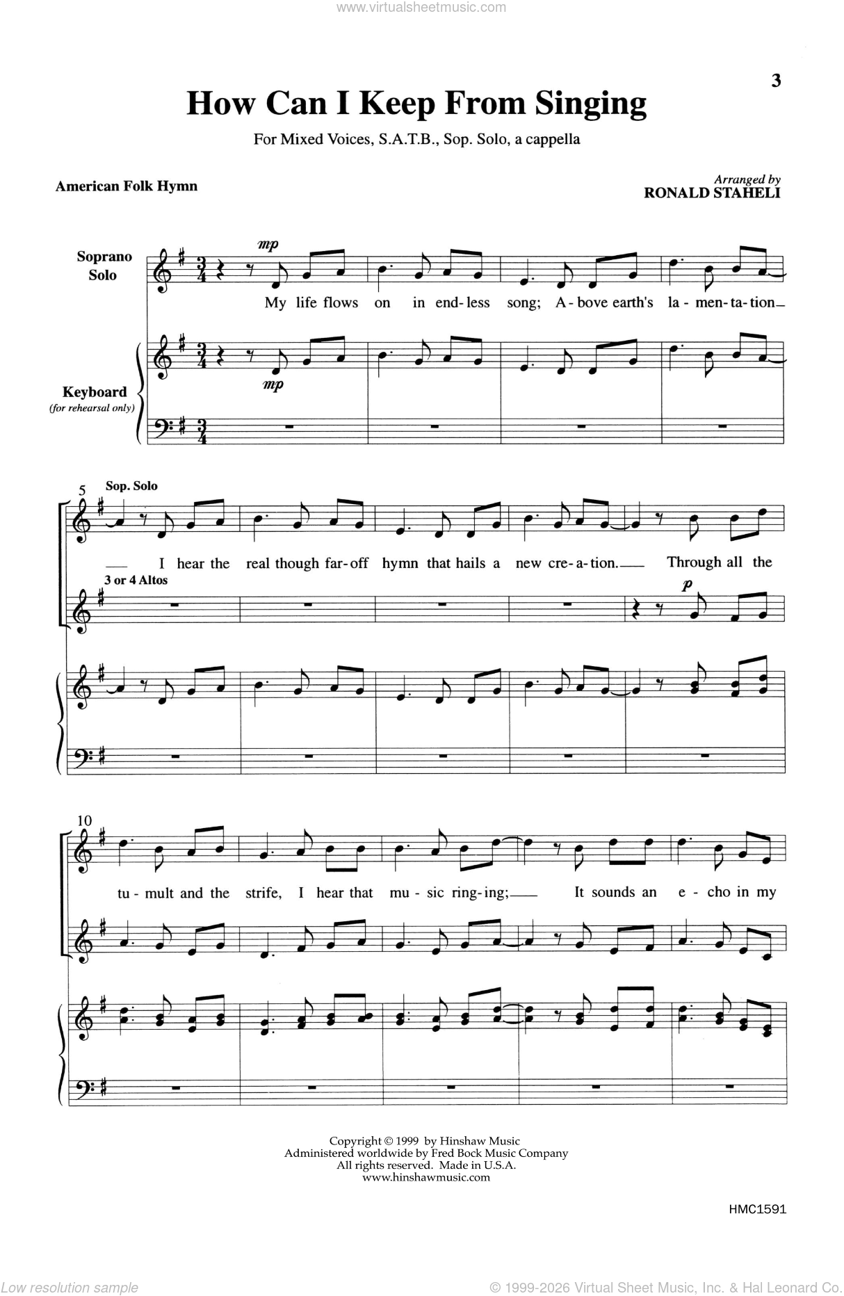 How Can I Keep From Singing (arr. Ronald Staheli) sheet music for choir (SATB soprano, alto