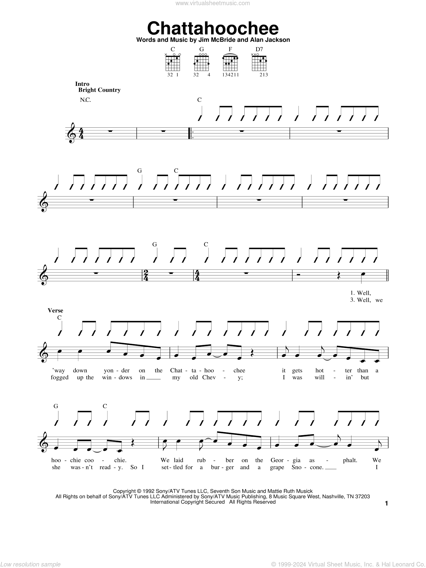 Chattahoochee sheet music (easy) for guitar solo (chords) (PDF)