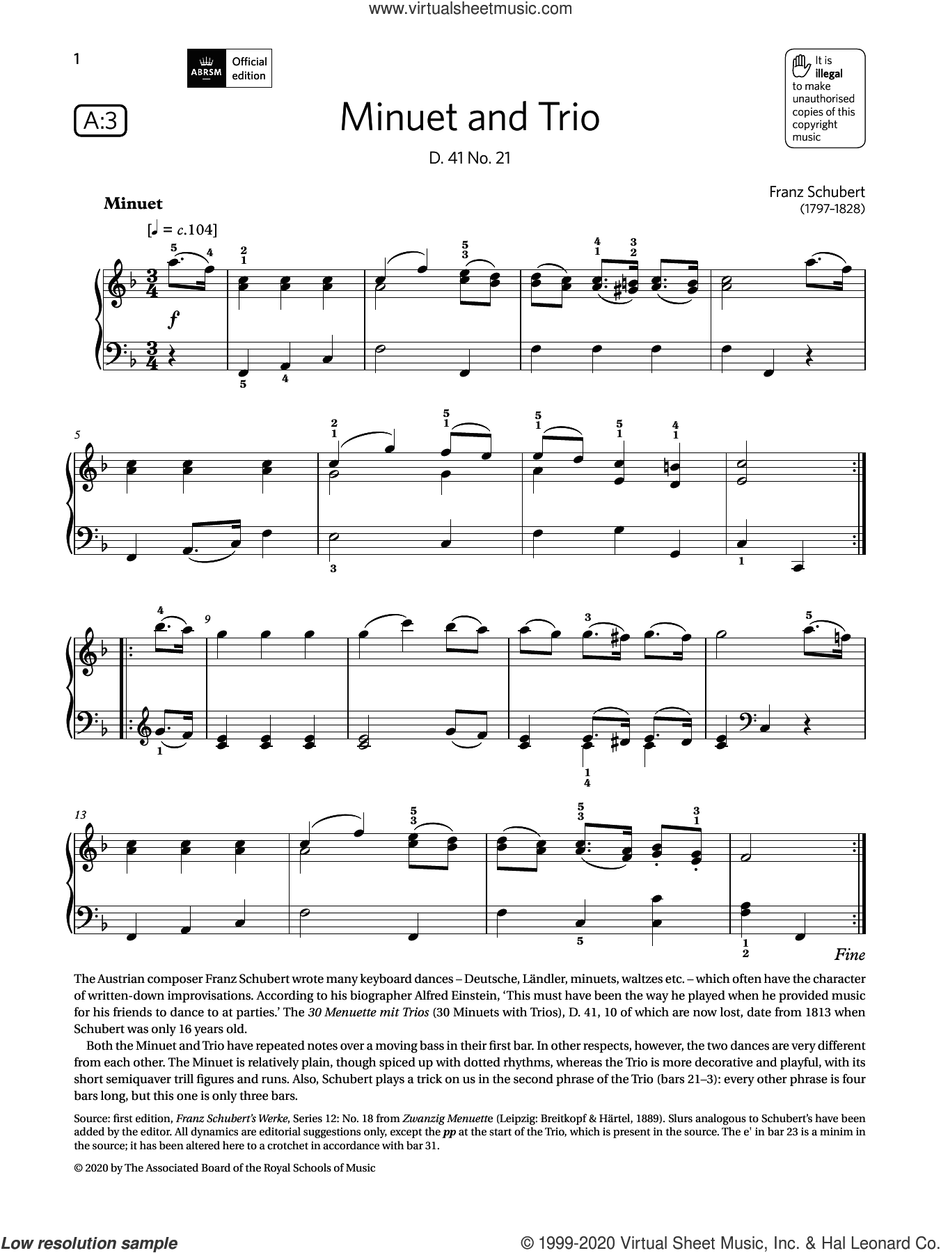 komedie G Misschien Schubert - Minuet and Trio (Grade 4, list A3, from the ABRSM Piano Syllabus  2021 and 2022) sheet music for piano solo