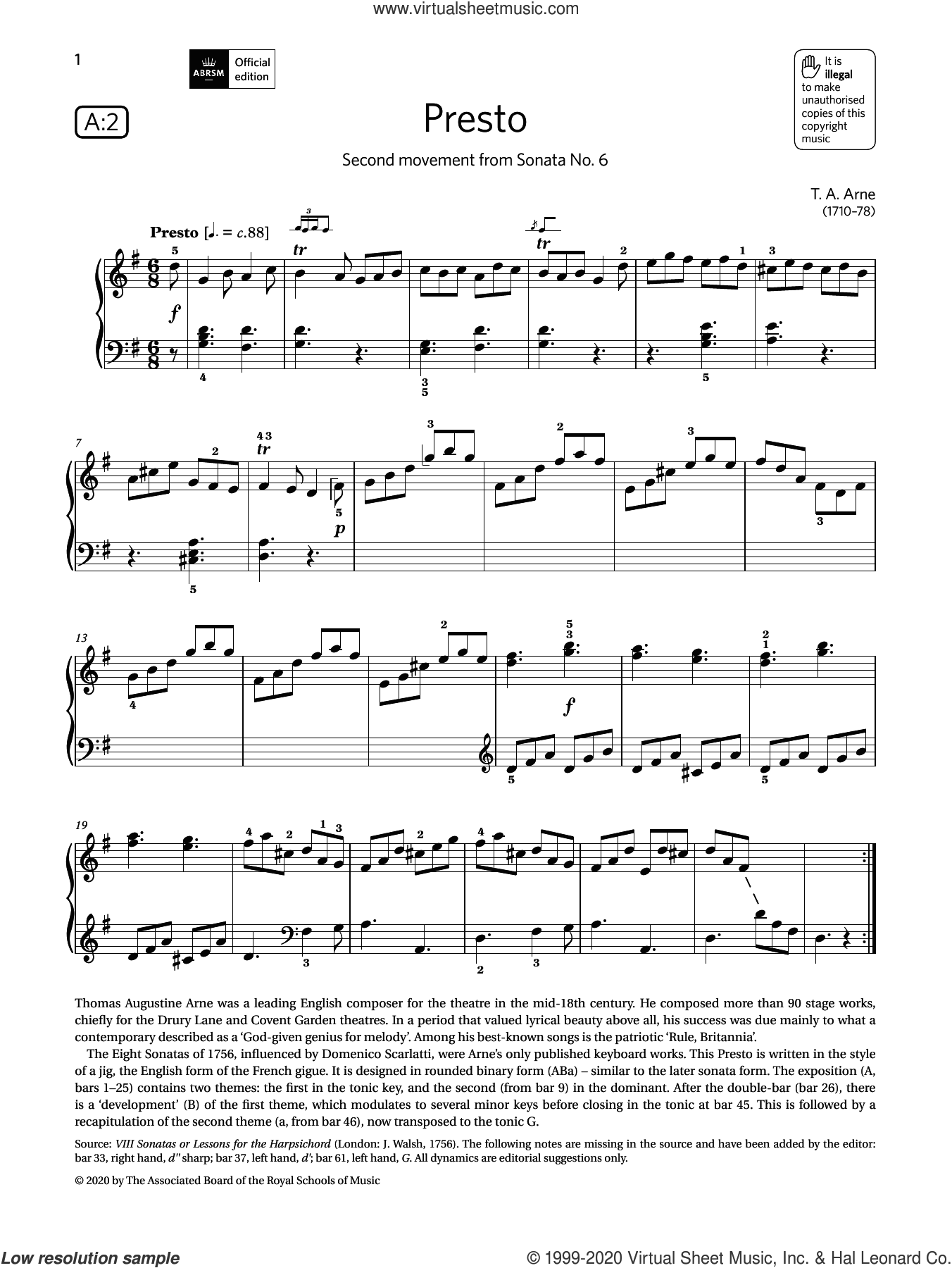 Arne - Presto (Grade 5, list A2, from the ABRSM Piano Syllabus 2021 and