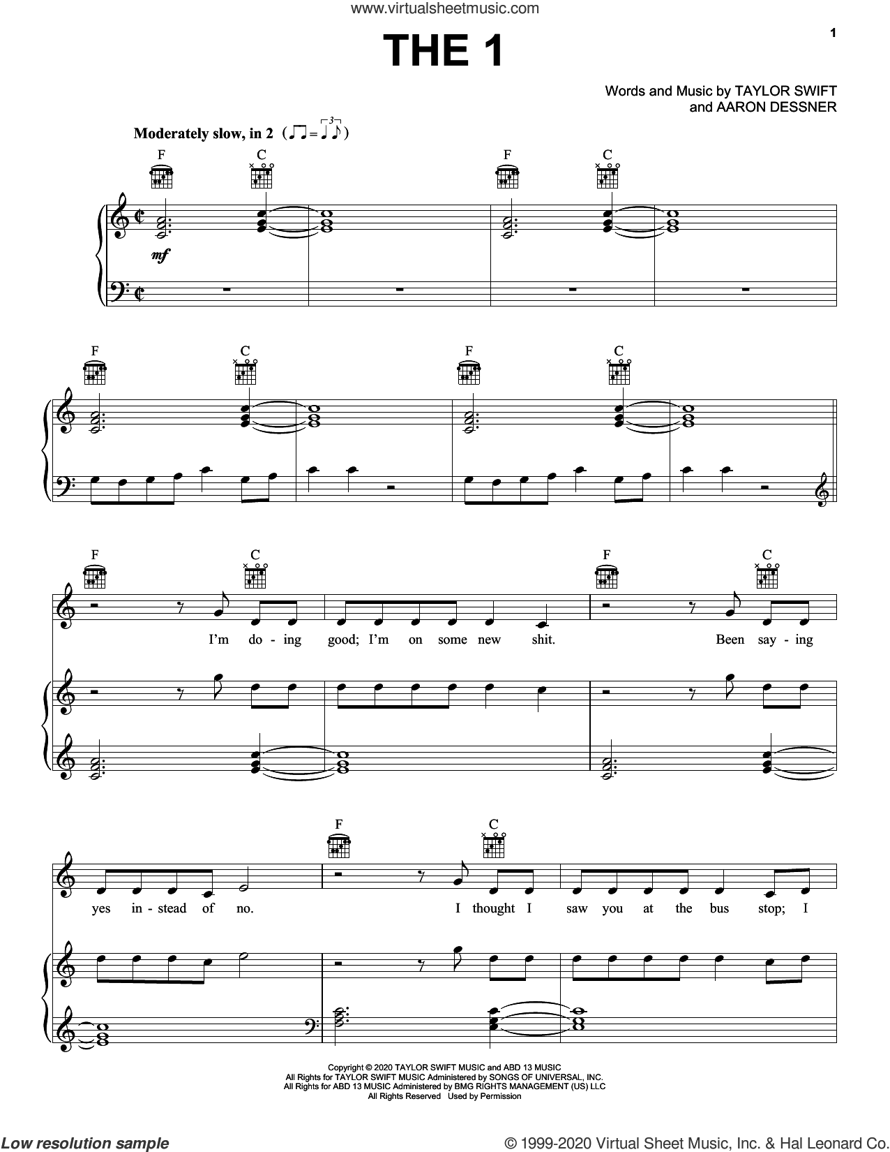 the 1 sheet music for voice, piano or guitar (PDF-interactive)