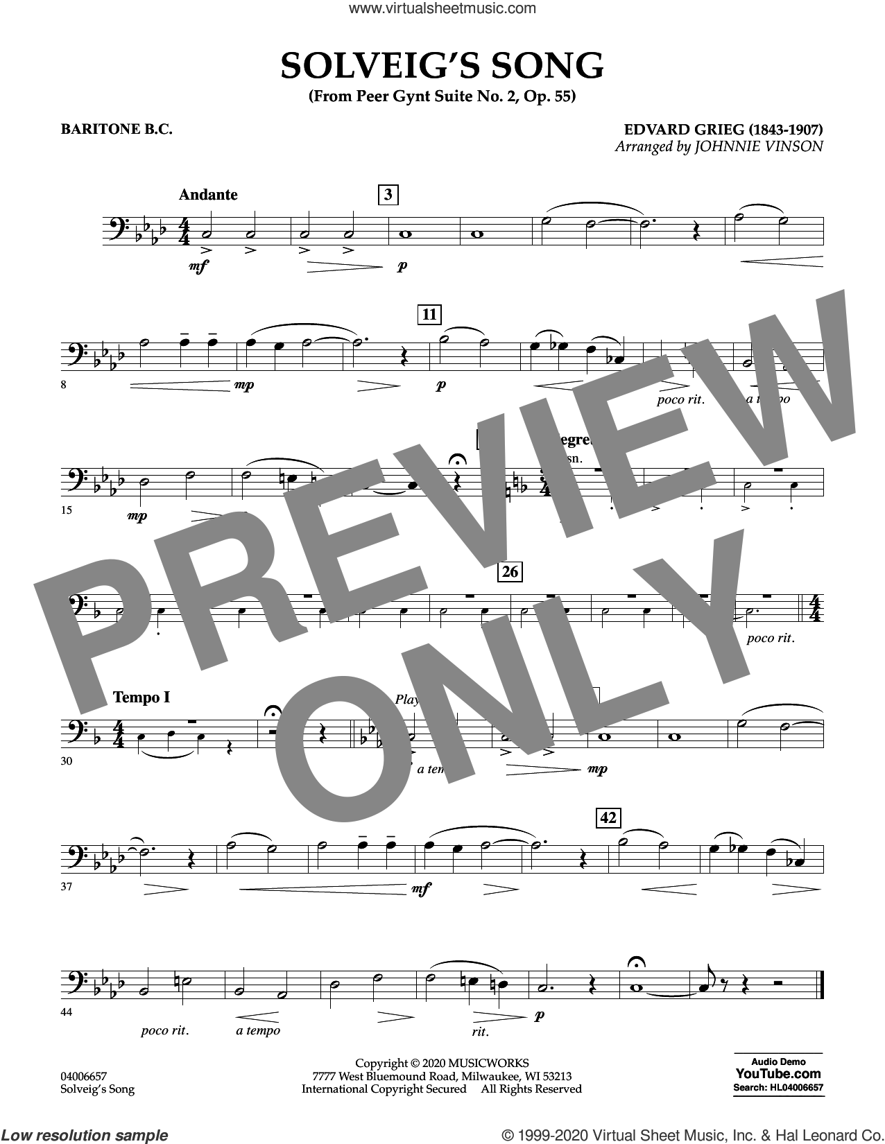 Solveig's Song (from Peer Gynt Suite No. 2) (arr. Johnny Vinson) sheet ...