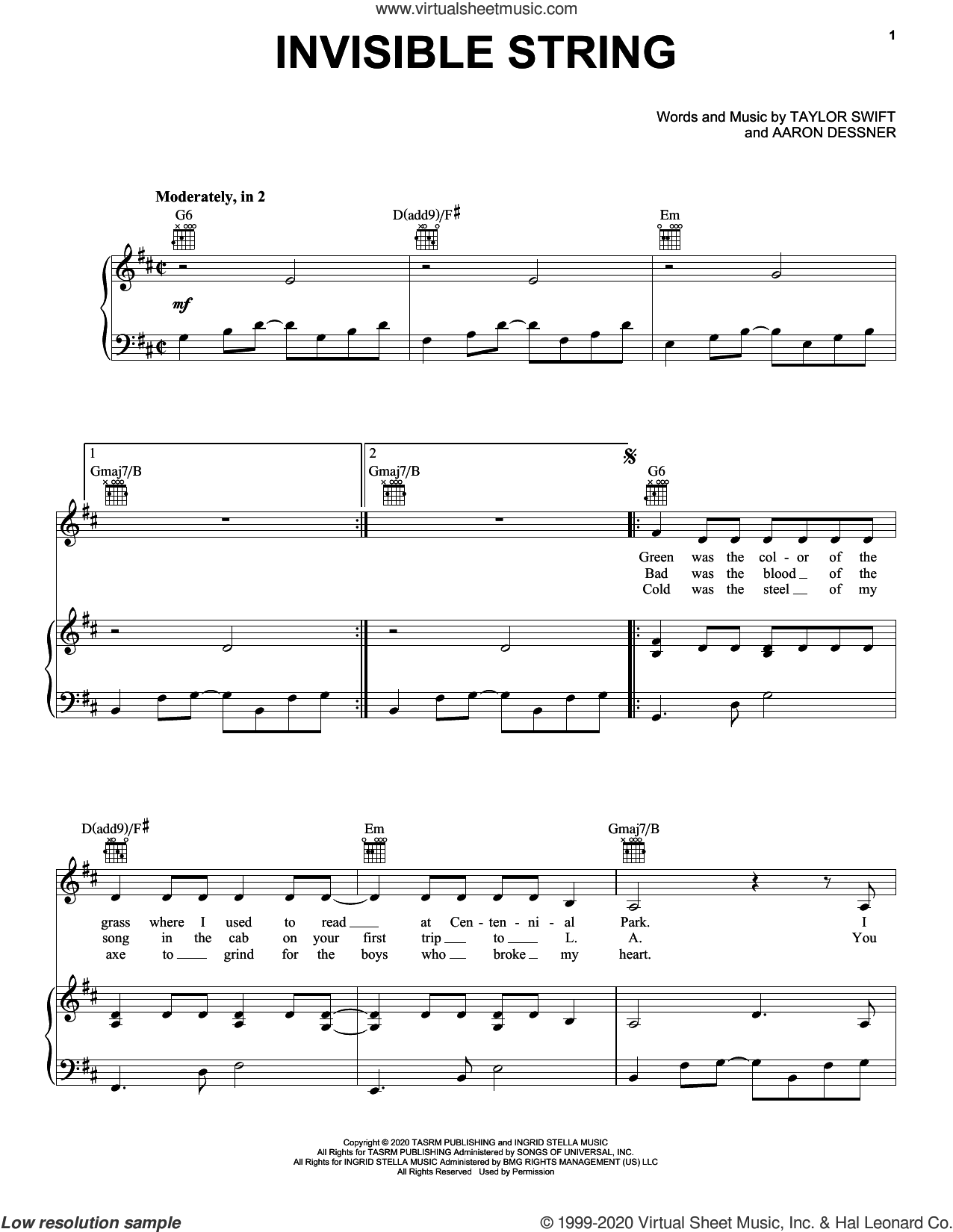 invisible string sheet music for voice, piano or guitar (PDF)