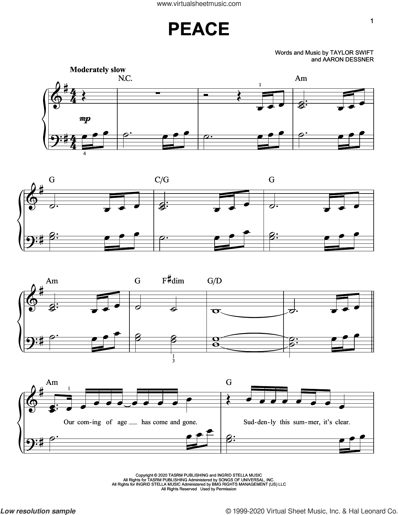 Taylor Swift peace sheet music for piano solo PDF interactive