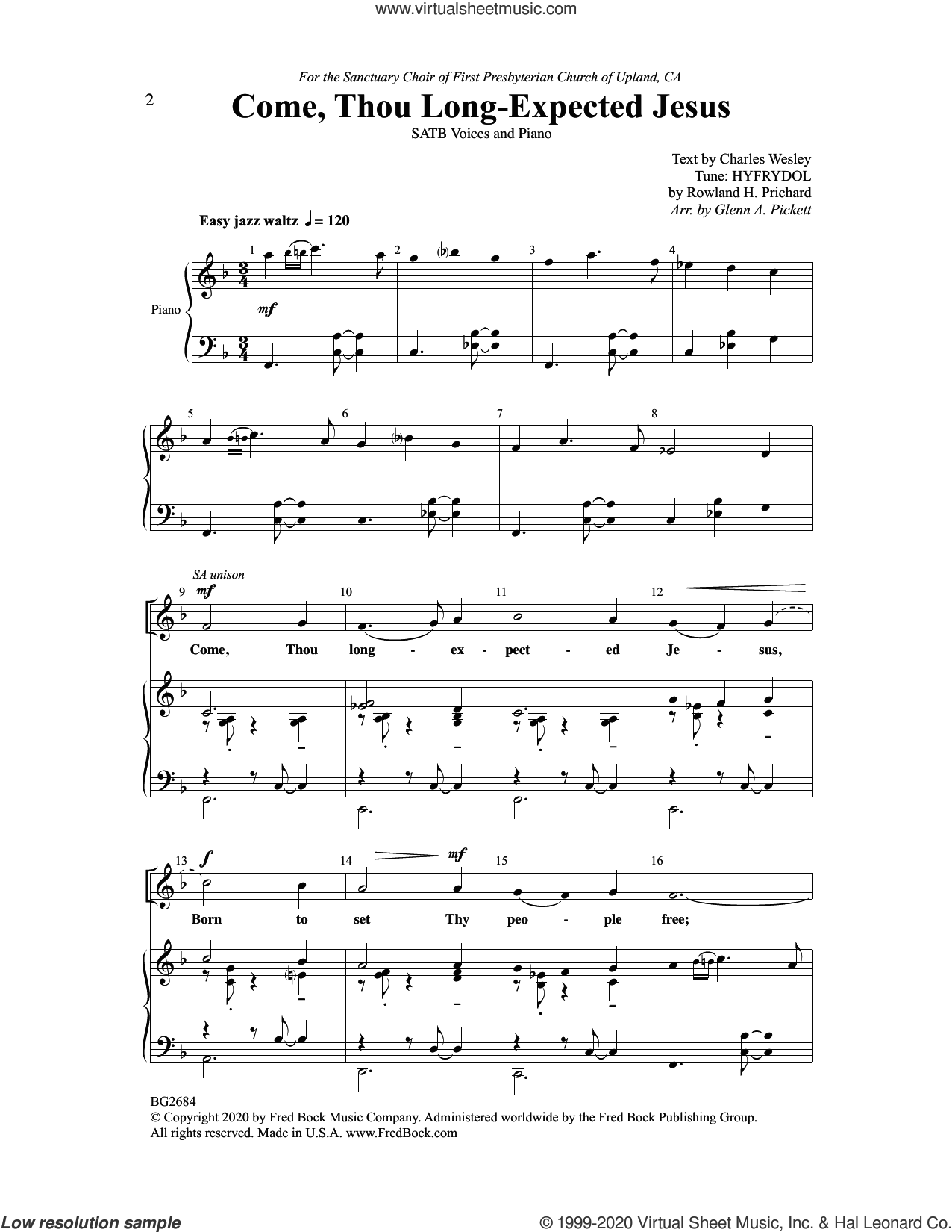 Glenn Pickett: Come, Thou Long-Expected Jesus sheet music for choir ...