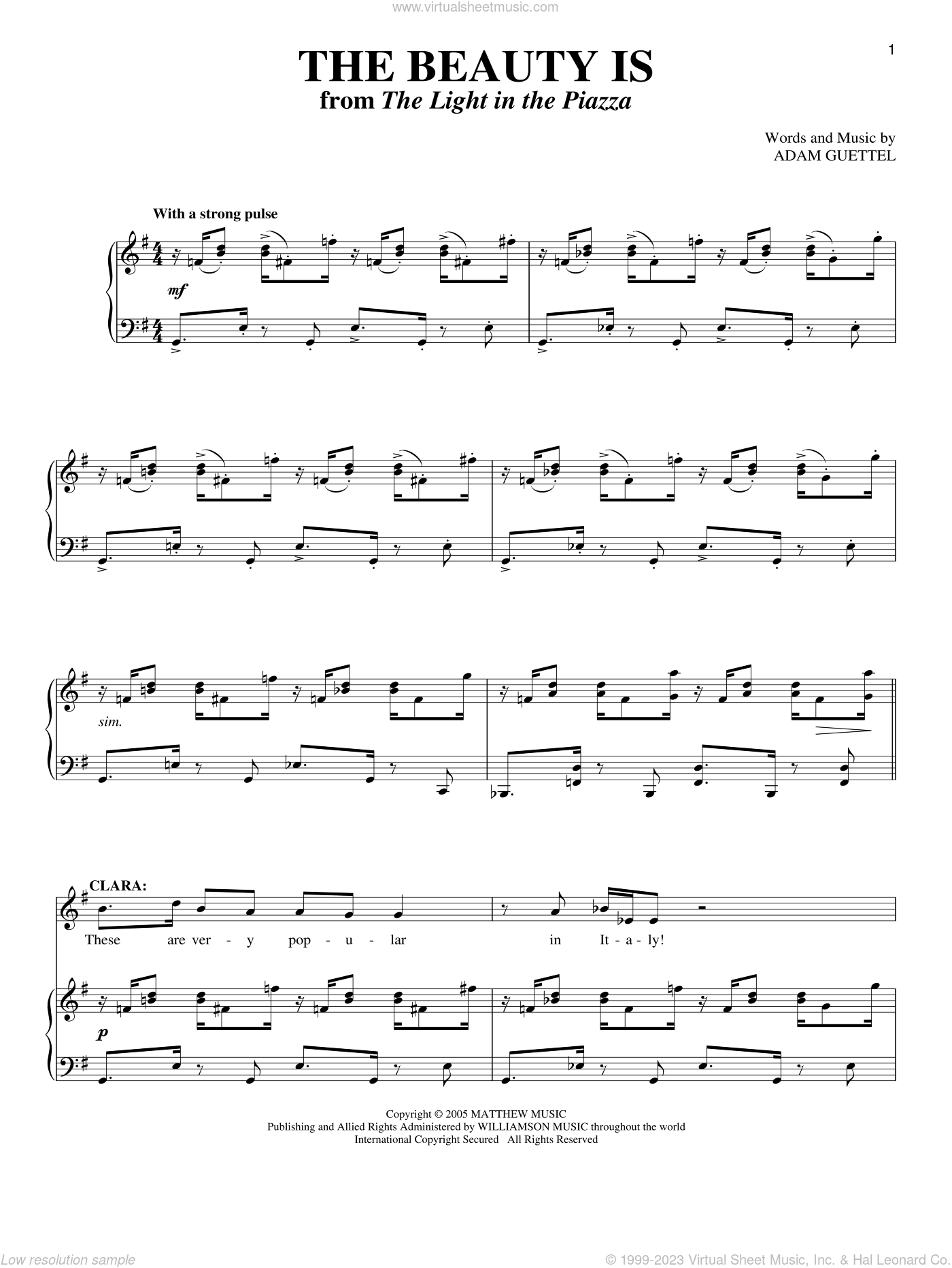 Guettel The Beauty Is From The Light In The Piazza Sheet Music For Voice And Piano