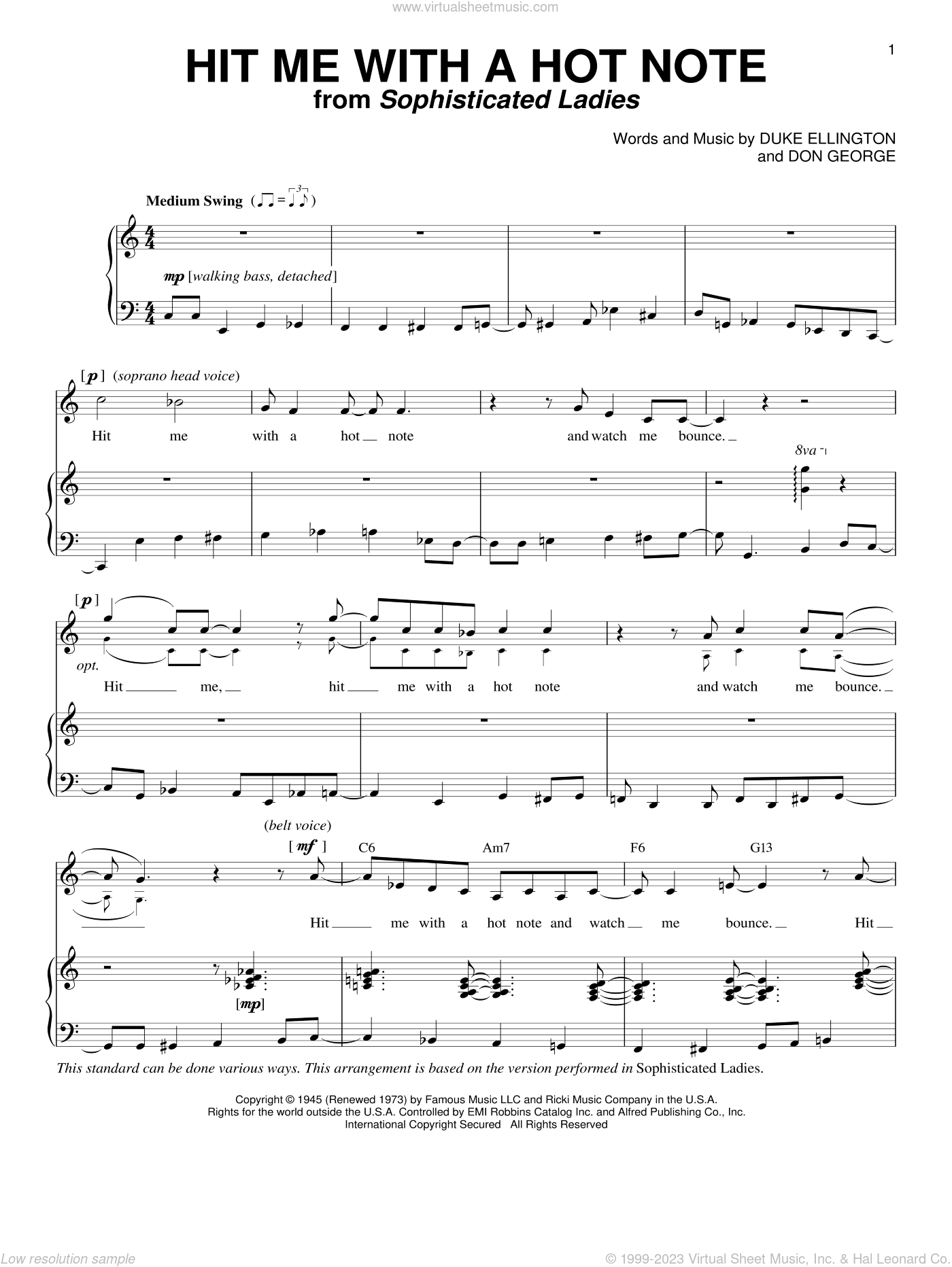 Ellington Hit Me With A Hot Note Sheet Music For Voice And Piano 6702