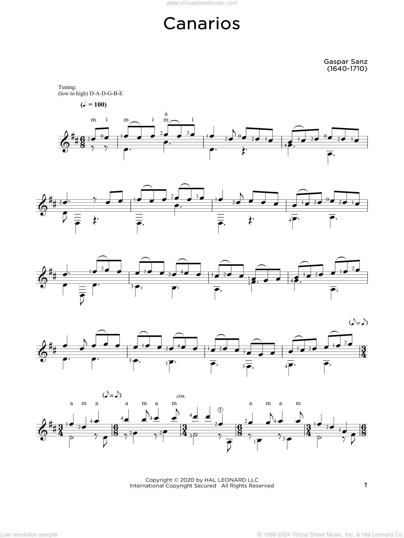 Canarios sheet music for guitar solo (PDF)
