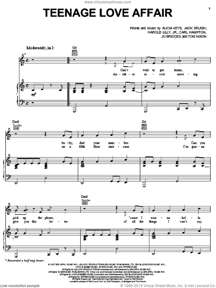 Teenage Love Affair sheet music for voice, piano or guitar (PDF)