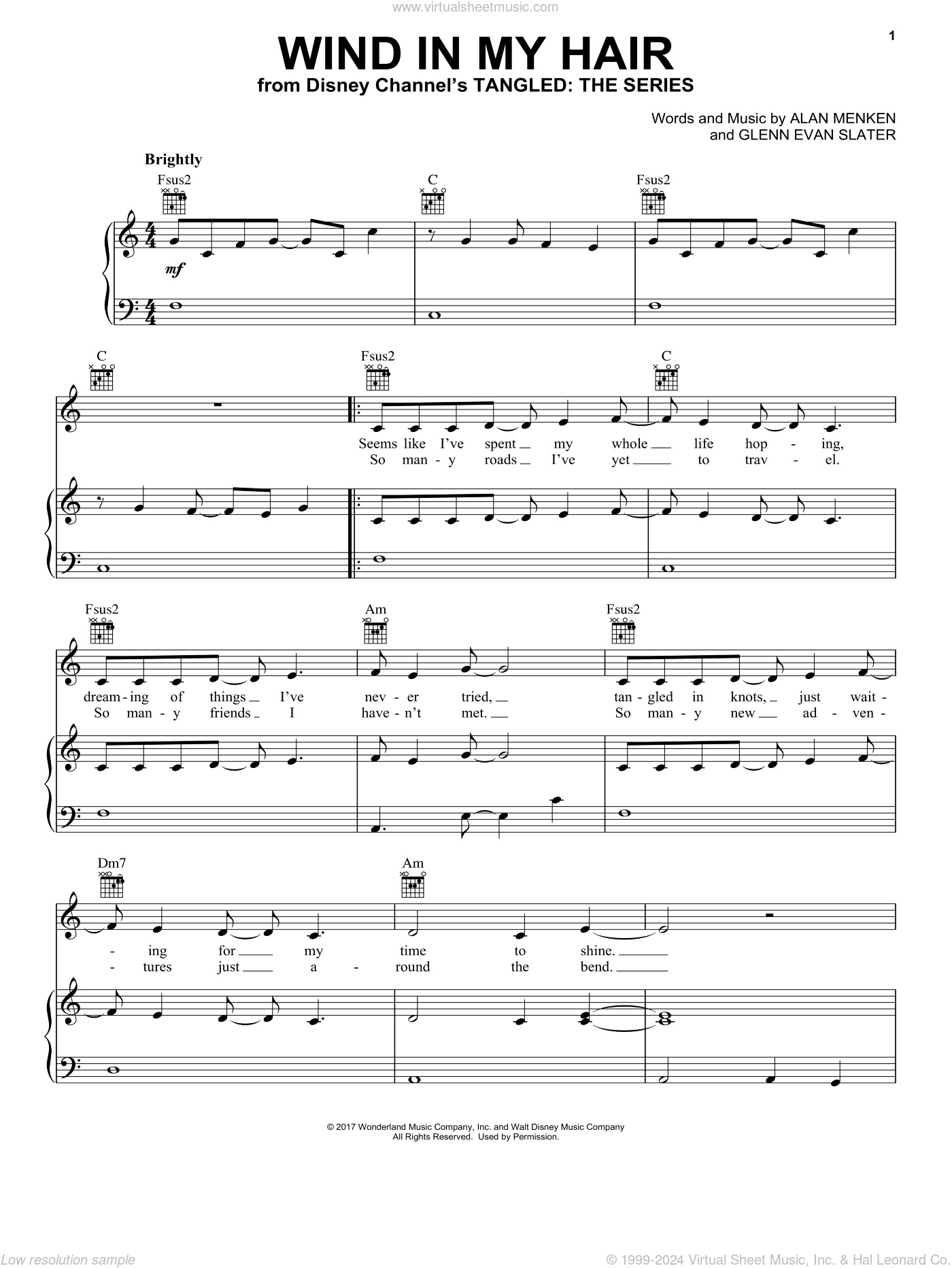 Menken - Wind In My Hair (from Tangled: The Series) sheet music for voice,  piano or guitar