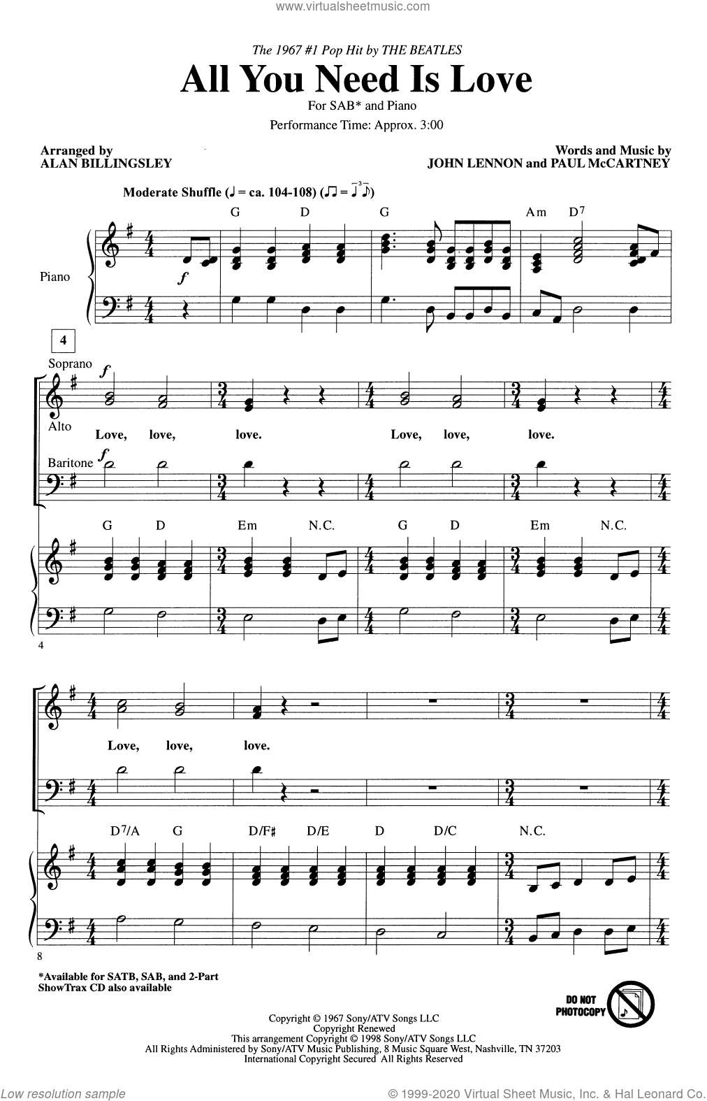 All You Need Is Love (arr. Alan Billingsley) sheet music for choir (SAB ...