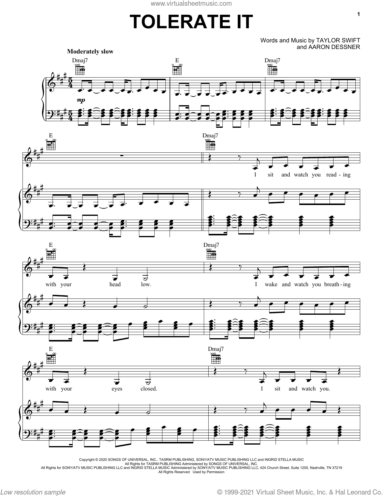 tolerate it sheet music for voice, piano or guitar (PDF)