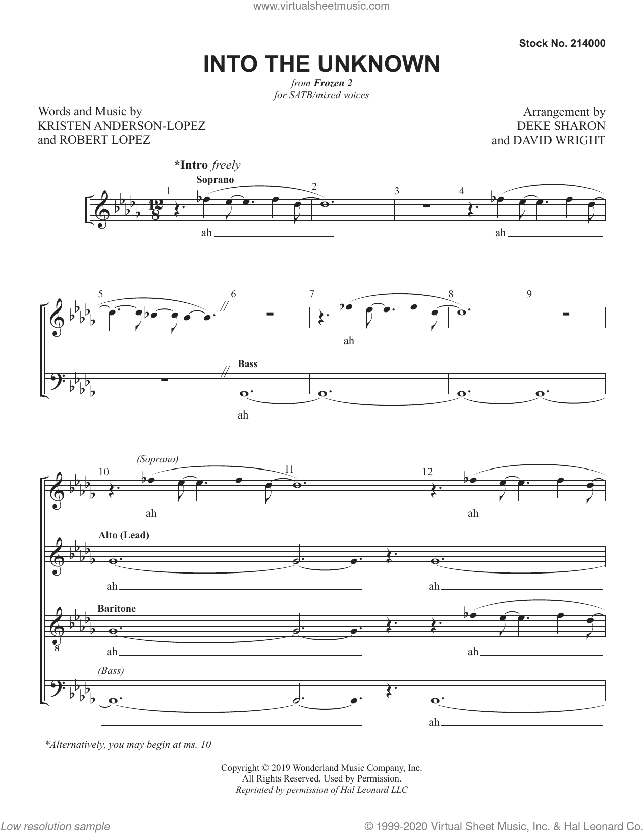 Into The Unknown From Frozen 2 Arr Deke Sharon And David Wright Sheet Music For Choir Satb