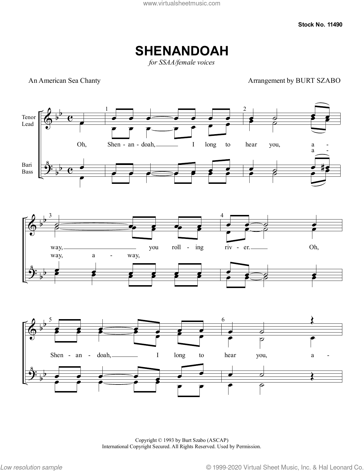 Shenandoah (arr. Burt Szabo) sheet music for choir (SSAA: soprano, alto)