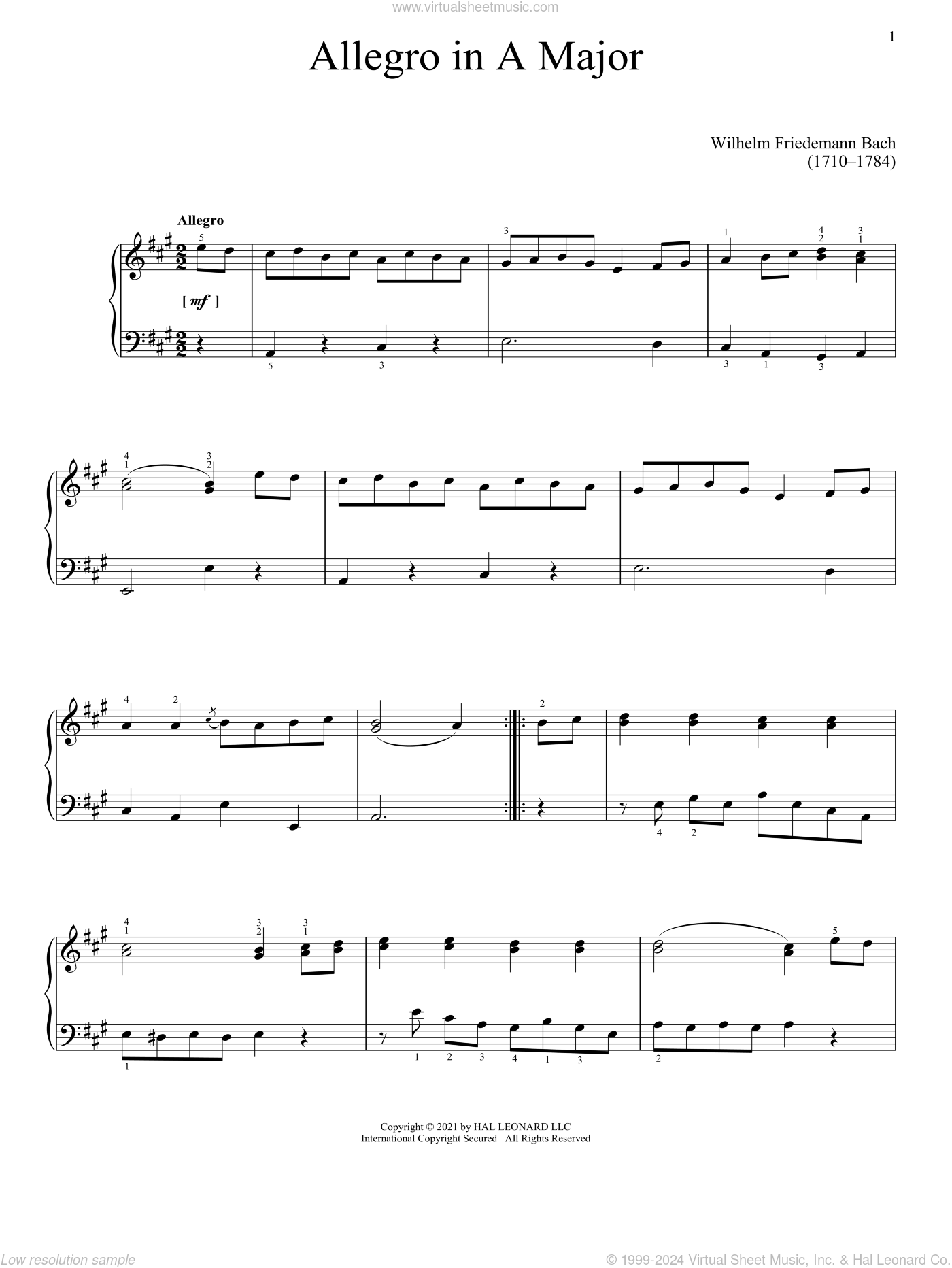 Allegro In A Major sheet music for piano solo (PDF)