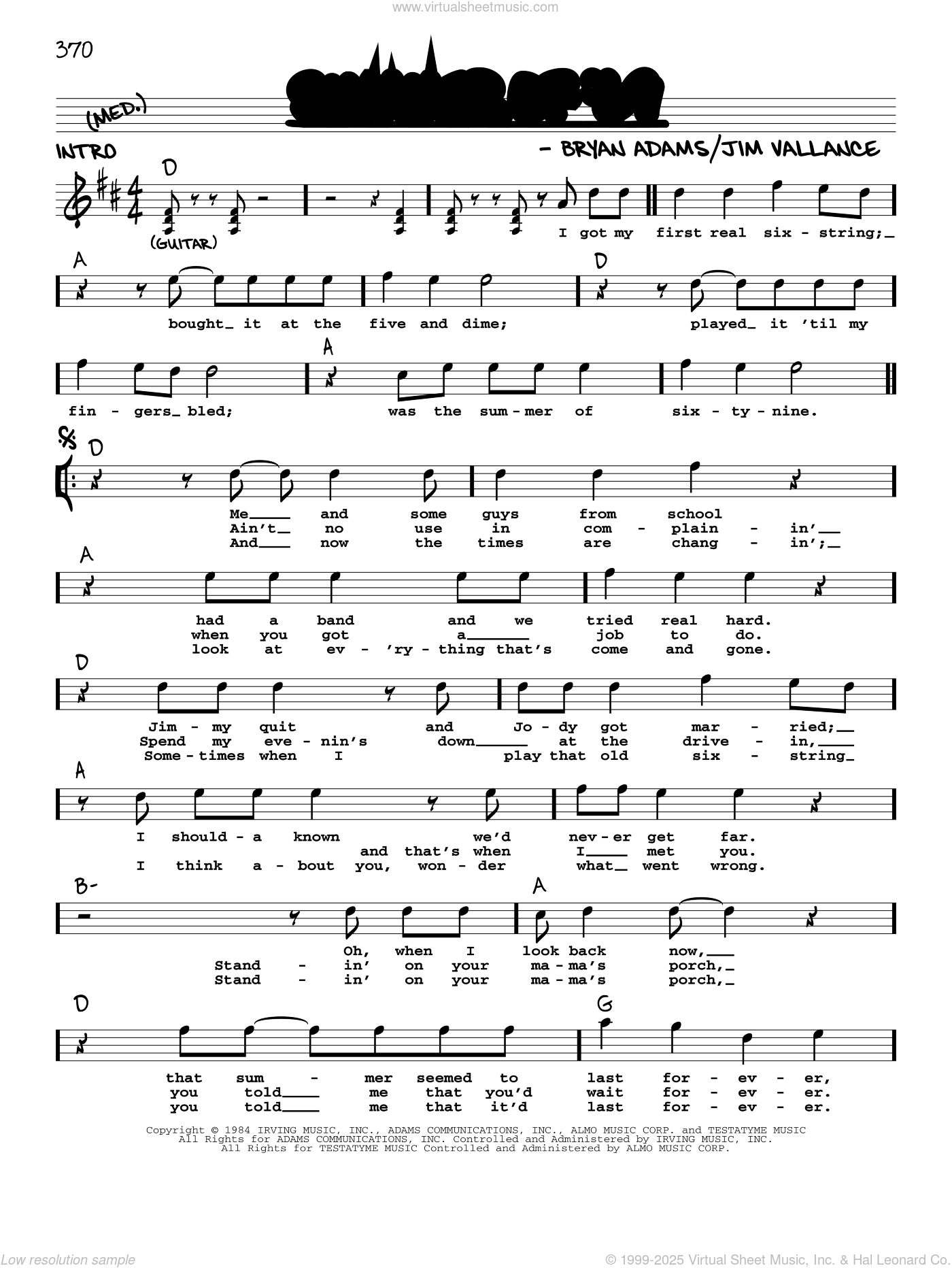 Summer Of '69 sheet music (real book with lyrics) (PDF)
