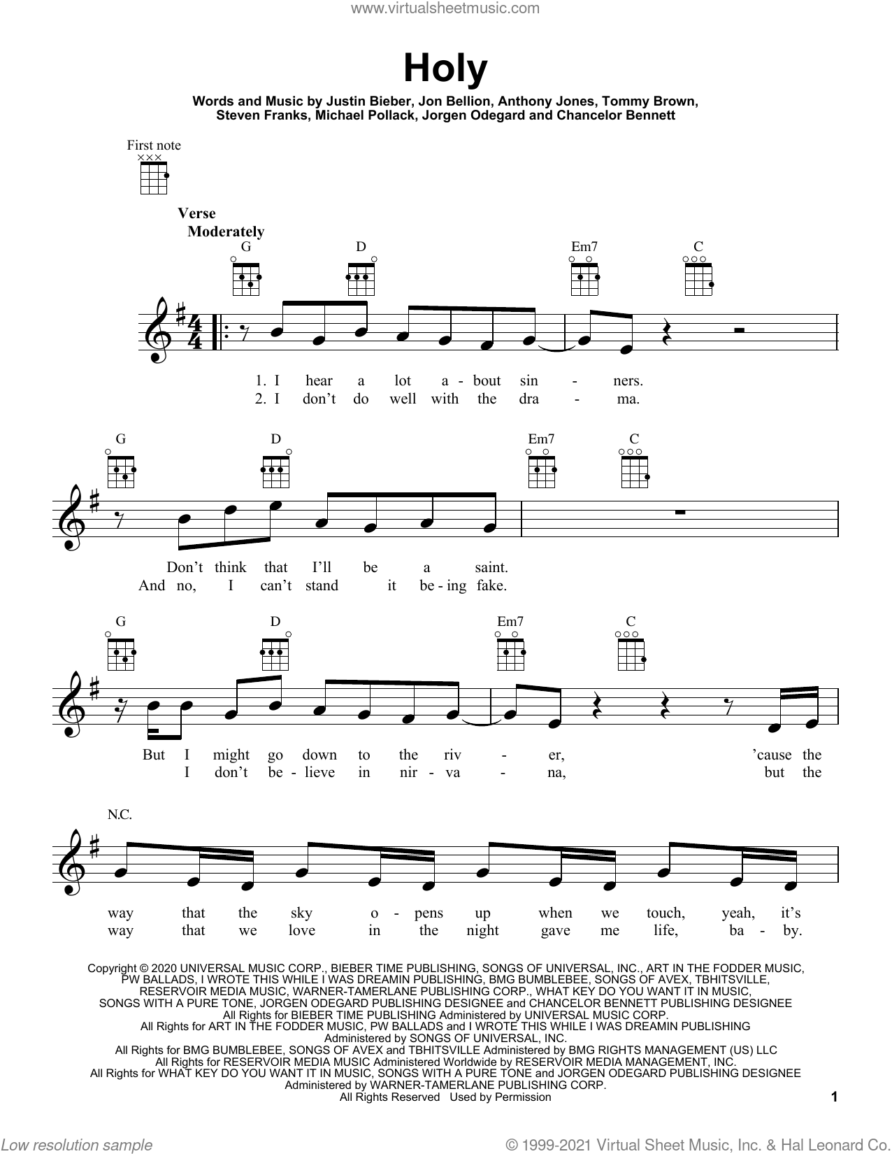 Holy (feat. Chance the Rapper) sheet music for ukulele (PDF)