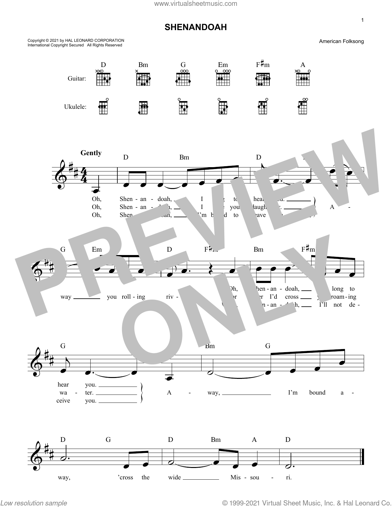 Shenandoah for Voice or Guitar, with Free Lead Sheets and Guitar Tabs