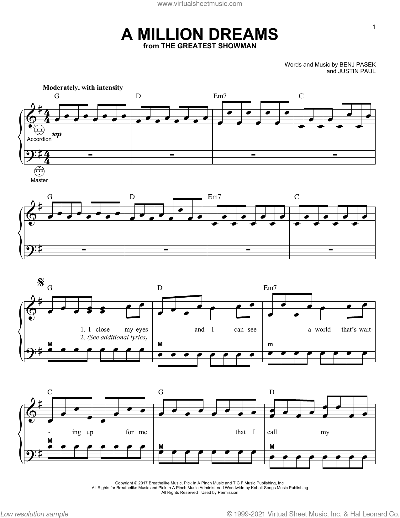 A Million Dreams from The Greatest Showman Sheet Music For Accordion