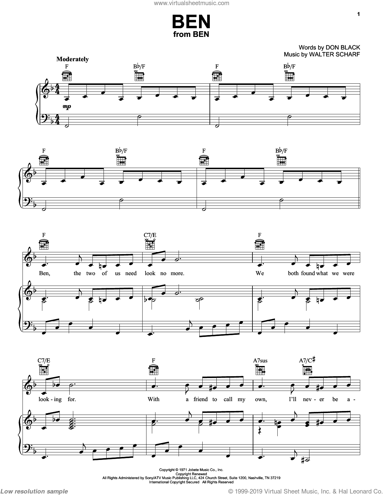 Michael Jackson: Ben sheet music for voice, piano or guitar (PDF)