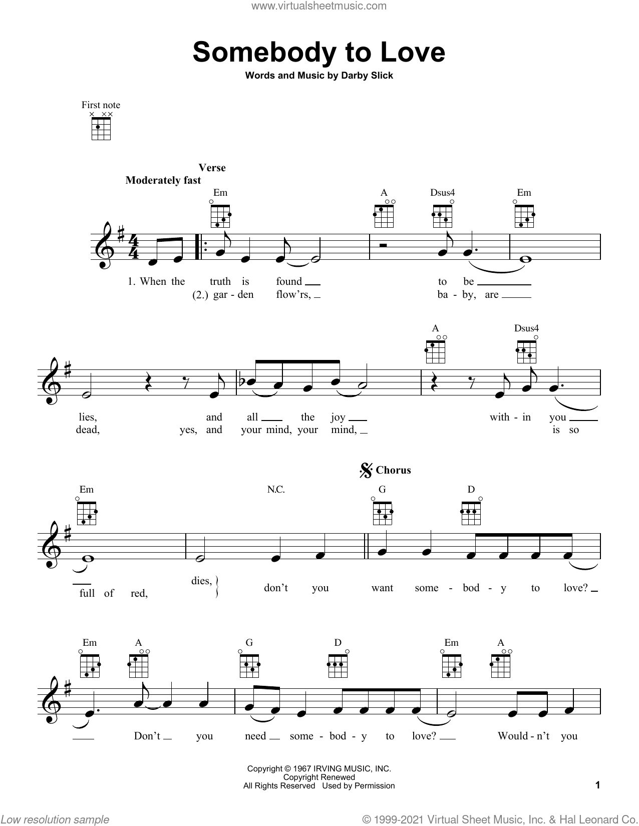 Jefferson Airplane: Somebody To Love sheet music for ukulele