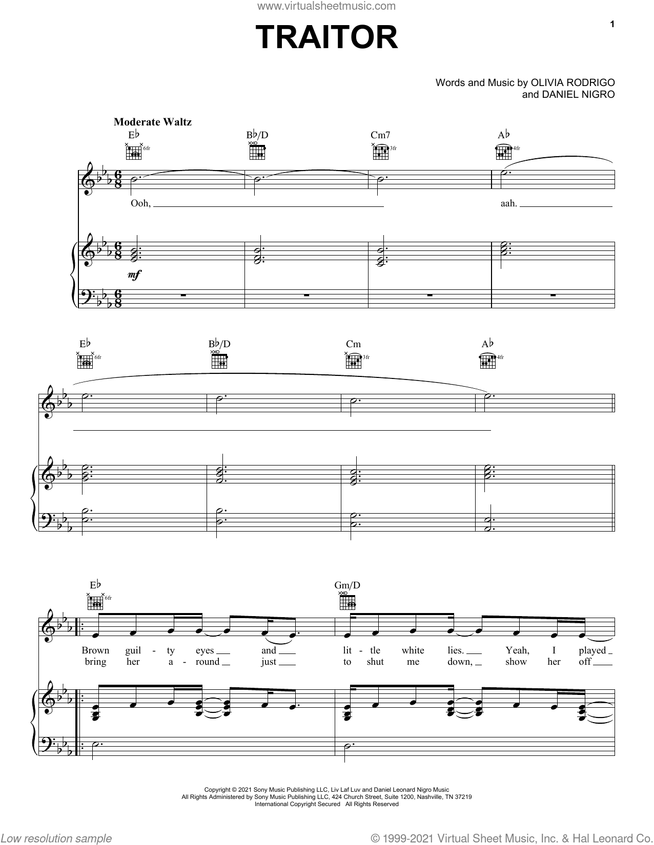 traitor sheet music for voice, piano or guitar (PDF-interactive)