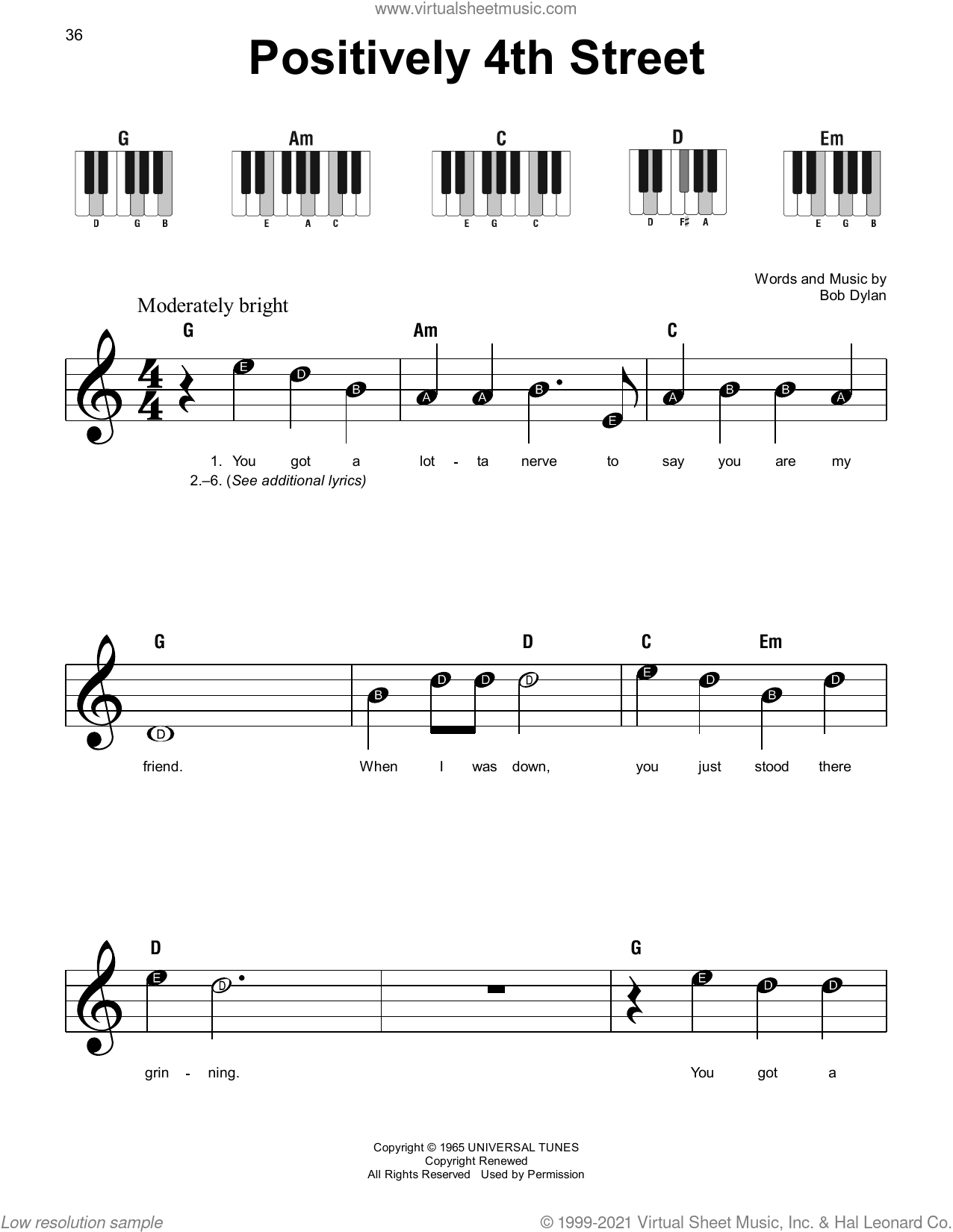 Positively 4th Street sheet music (beginner) for piano solo (PDF)