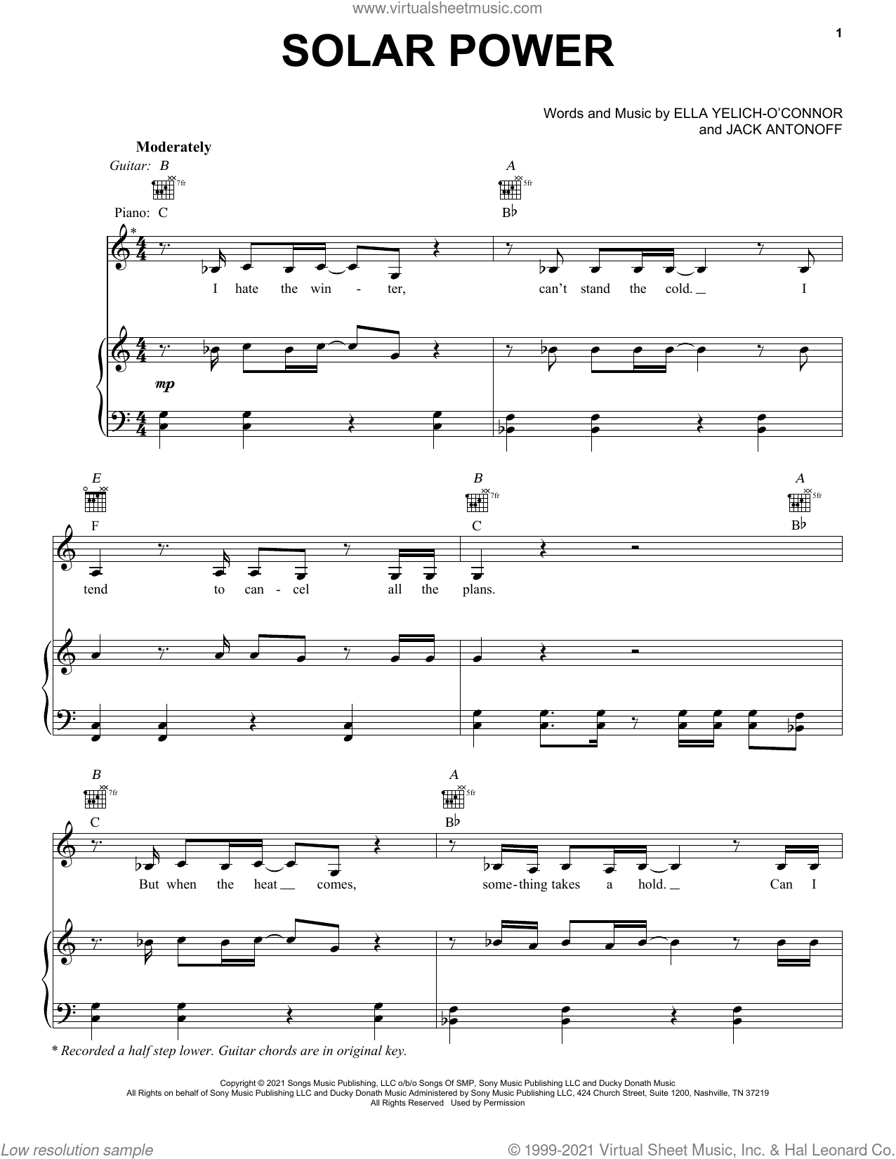 Solar Power sheet music for voice, piano or guitar (PDF)