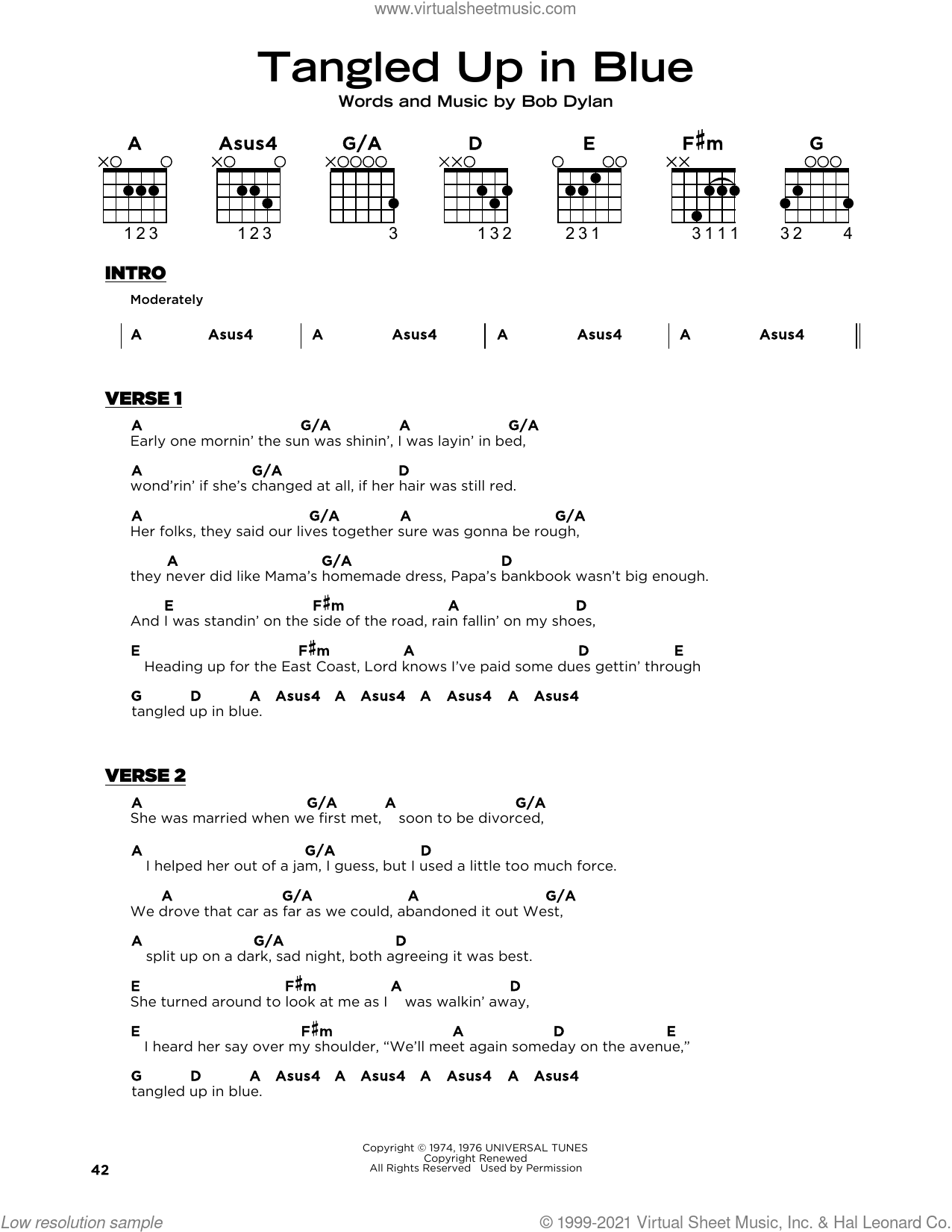 Tangled Up In Blue sheet music (beginner) for guitar solo (PDF)