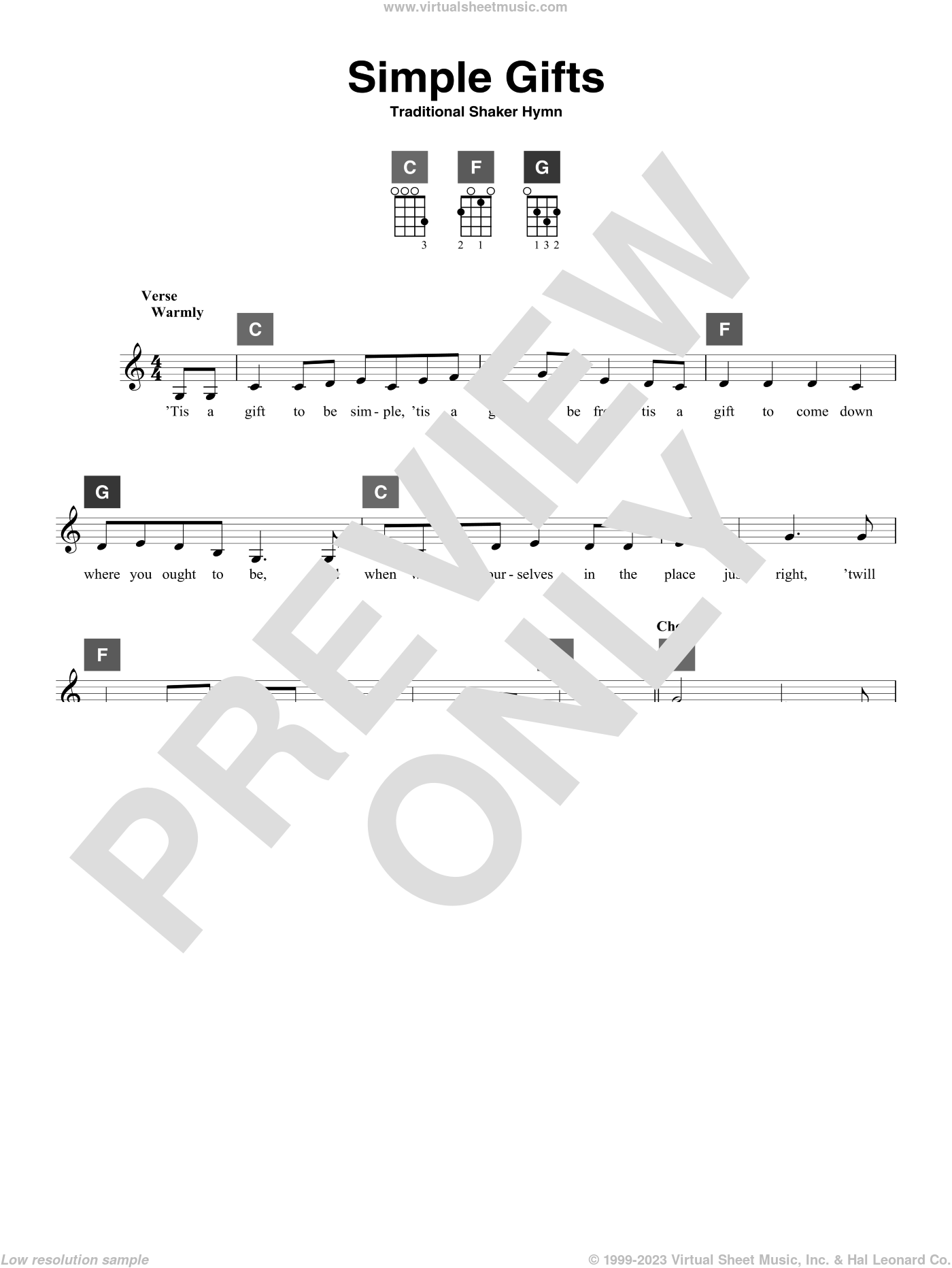 Simple Gifts sheet music for ukulele solo (ChordBuddy system)